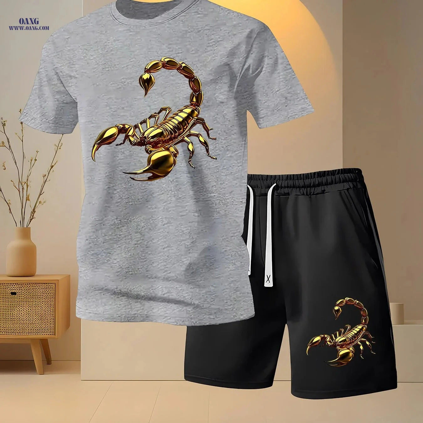 Men's Golden Scorpion Print Casual Two-Piece Set - Short Sleeve T-Shirt   OAXG 