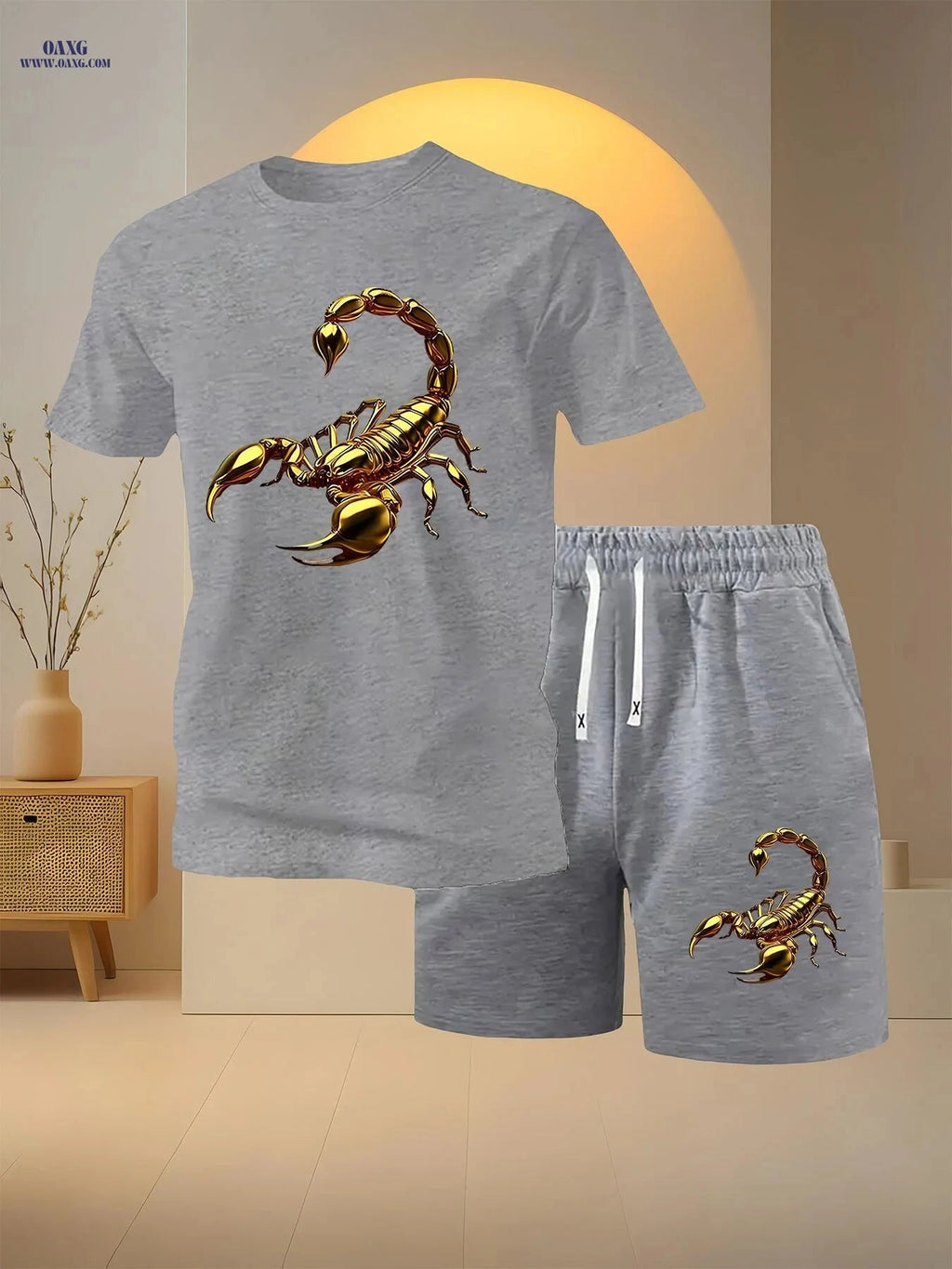 Men's Golden Scorpion Print Casual Two-Piece Set - Short Sleeve T-Shirt   OAXG 