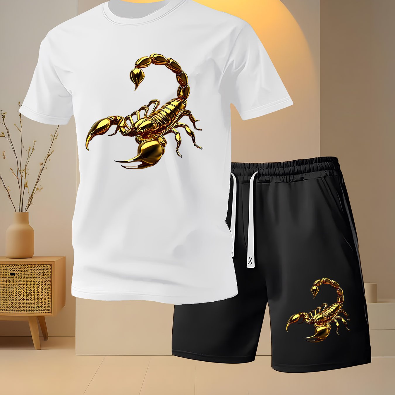 Men's Golden Scorpion Print Casual Two-Piece Set - Short Sleeve T-Shirt   OAXG 