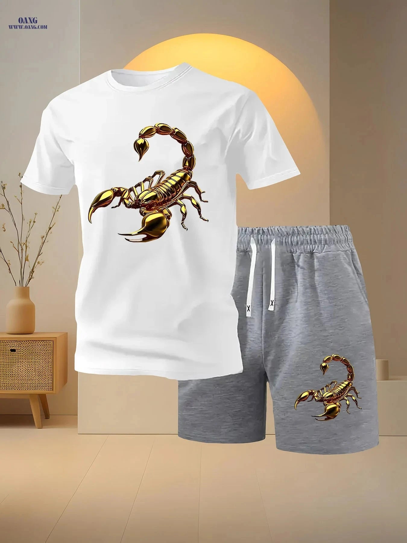 Men's Golden Scorpion Print Casual Two-Piece Set - Short Sleeve T-Shirt   OAXG 