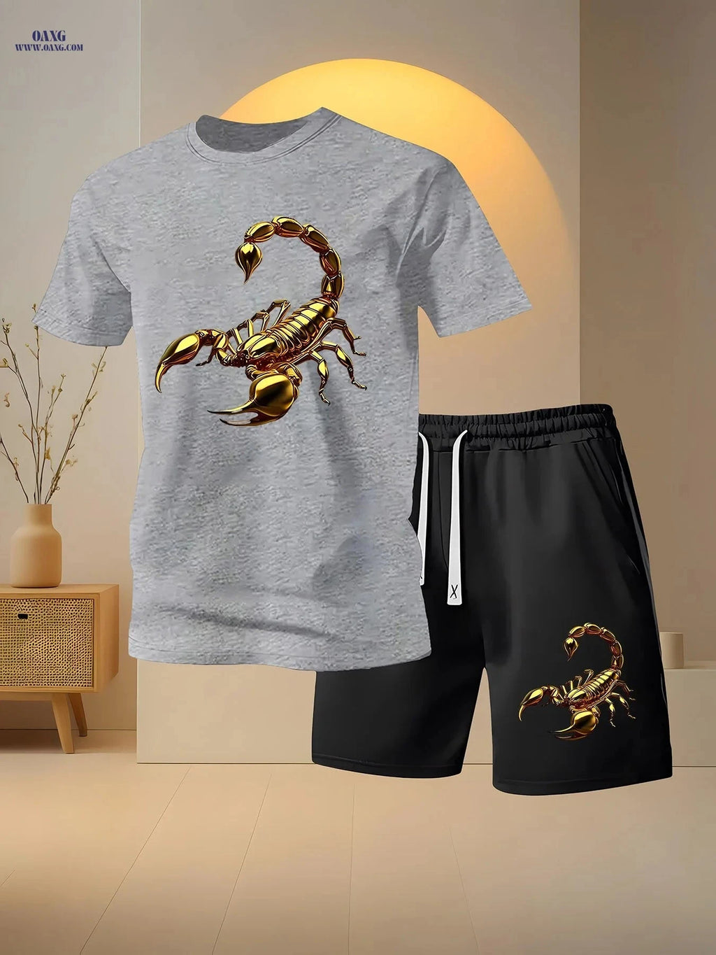 Men's Golden Scorpion Print Casual Two-Piece Set - Short Sleeve T-Shirt   OAXG 