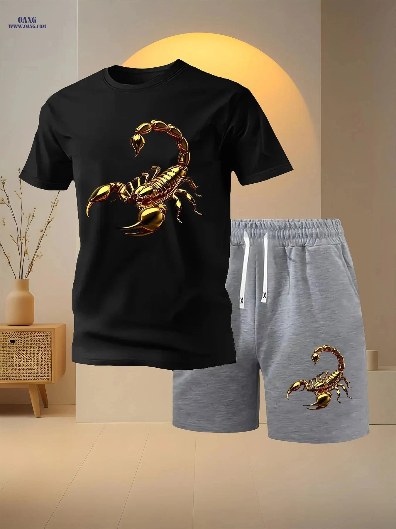 Men's Golden Scorpion Print Casual Two-Piece Set - Short Sleeve T-Shirt   OAXG Black / FR S