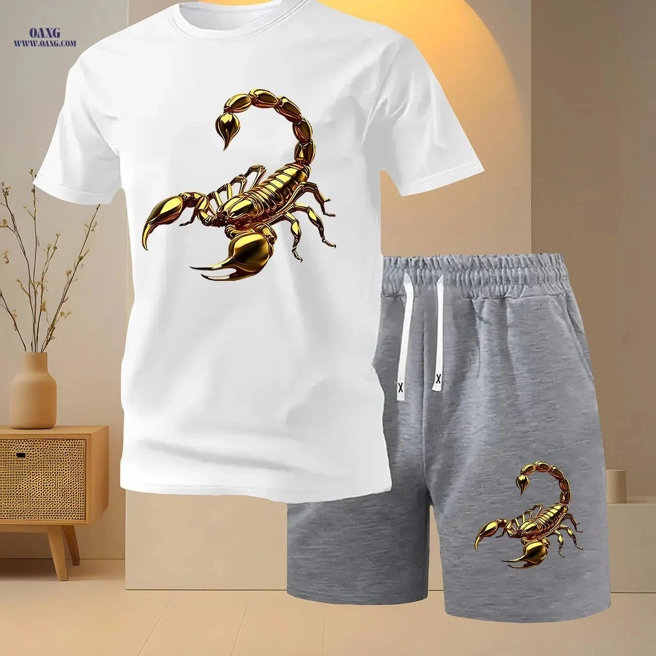 Men's Golden Scorpion Print Casual Two-Piece Set - Short Sleeve T-Shirt   OAXG Black / FR S