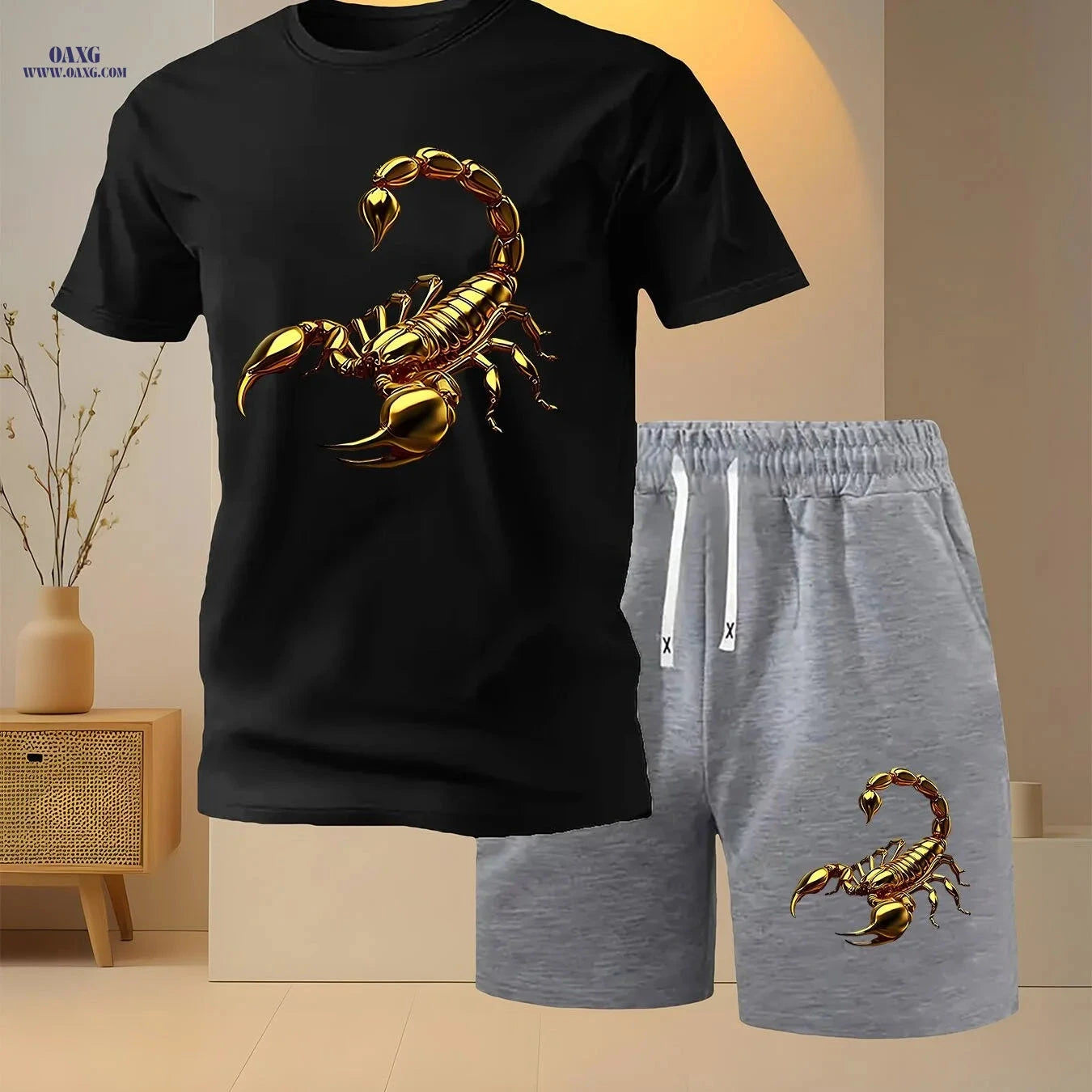 Men's Golden Scorpion Print Casual Two-Piece Set - Short Sleeve T-Shirt   OAXG Black / FR S