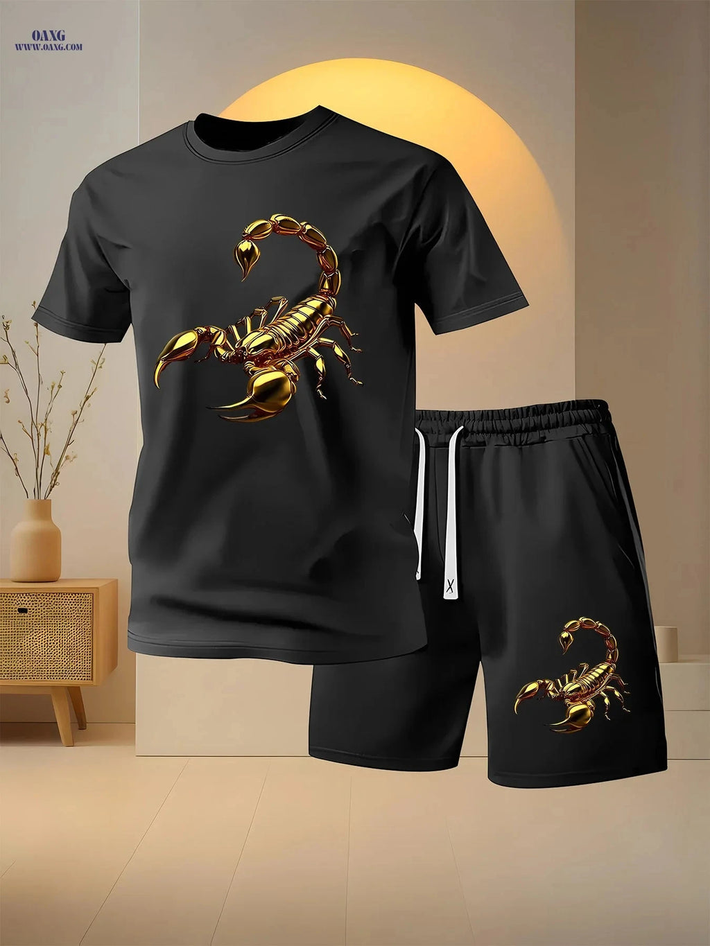 Men's Golden Scorpion Print Casual Two-Piece Set - Short Sleeve T-Shirt   OAXG 