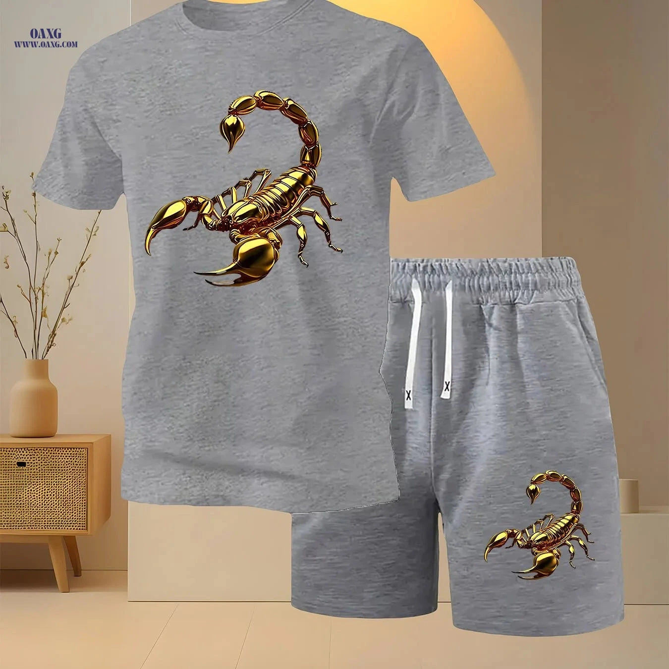 Men's Golden Scorpion Print Casual Two-Piece Set - Short Sleeve T-Shirt   OAXG 