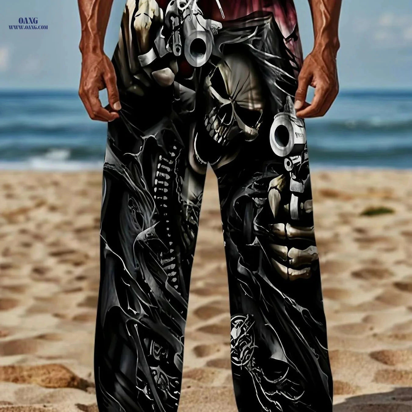 Men's Gothic Loose Fit Pants - Skull & Robot Print, Casual Summer Wear   OAXG 