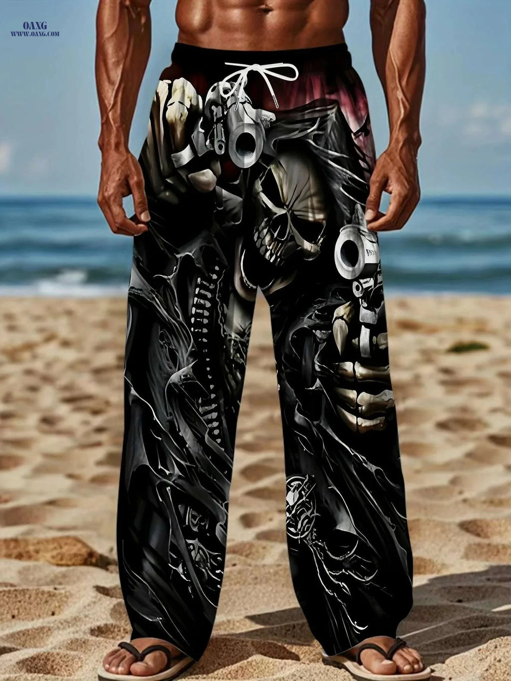 Men's Gothic Loose Fit Pants - Skull & Robot Print, Casual Summer Wear   OAXG 