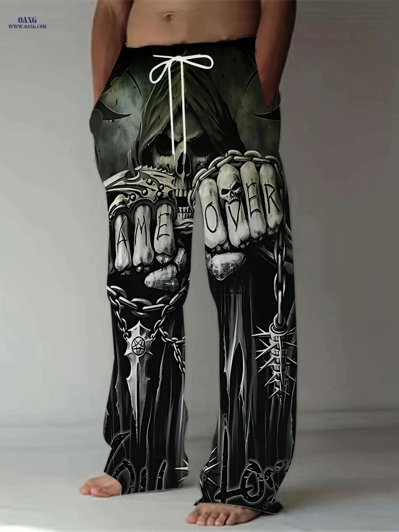Men's Gothic Loose Fit Pants - Skull & Robot Print, Casual Summer Wear   OAXG 
