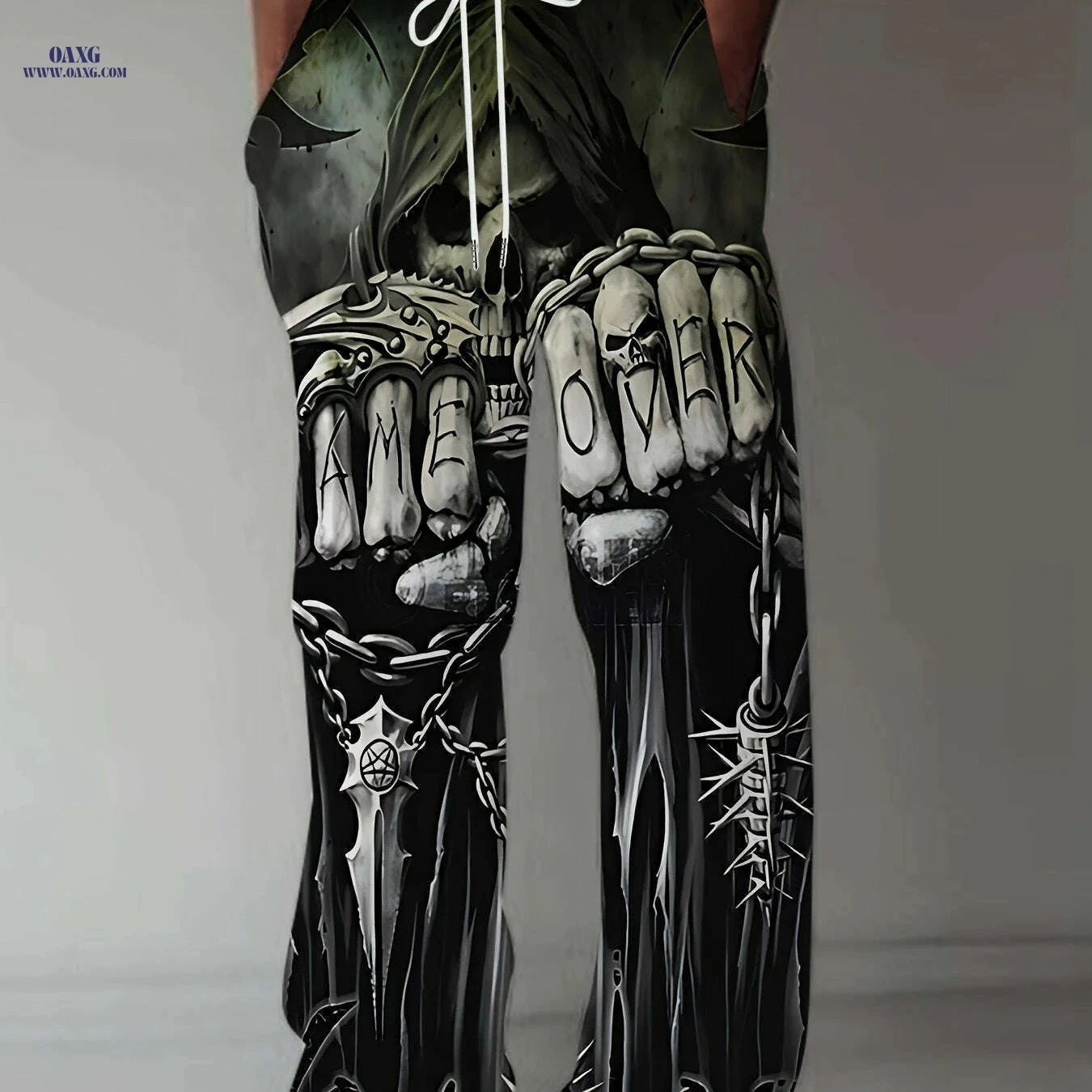 Men's Gothic Loose Fit Pants - Skull & Robot Print, Casual Summer Wear   OAXG Black / M