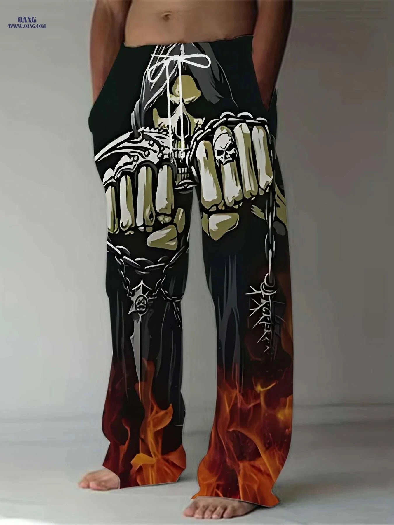 Men's Gothic Loose Fit Pants - Skull & Robot Print, Casual Summer Wear   OAXG Black / M