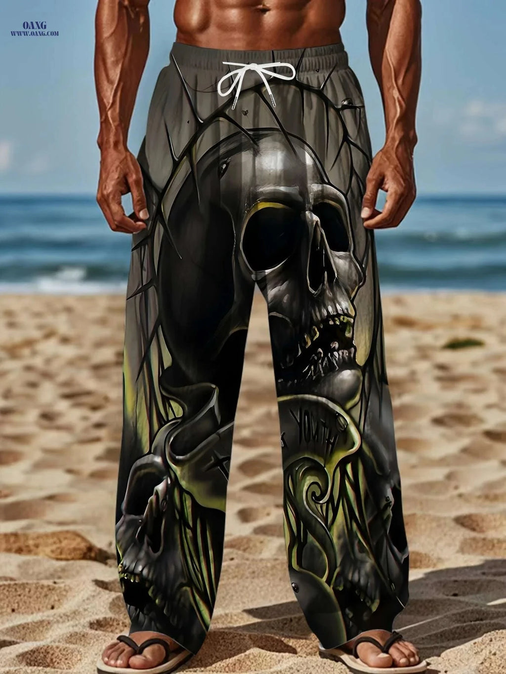Men's Gothic Loose Fit Pants - Skull & Robot Print, Casual Summer Wear   OAXG Black / M