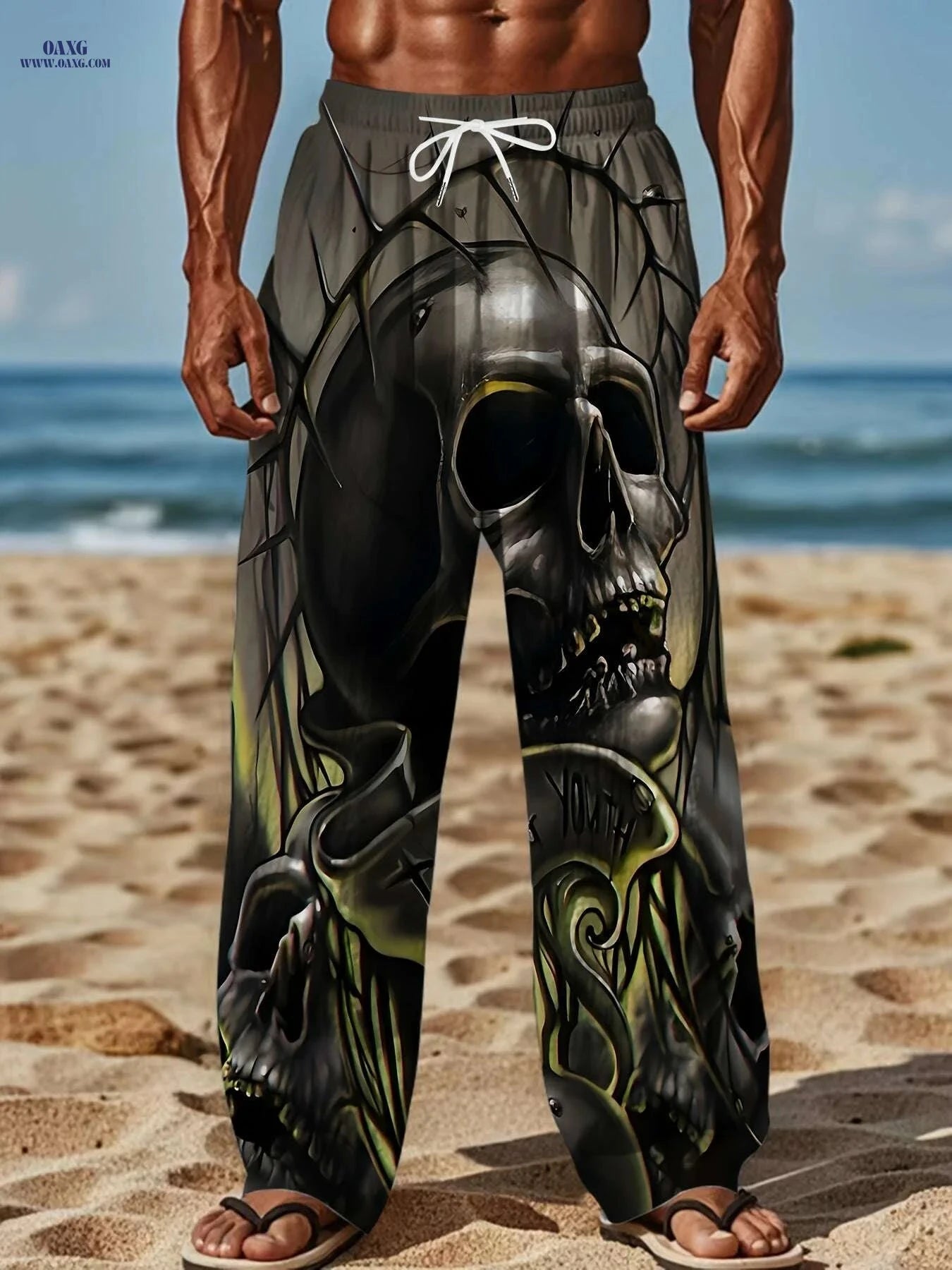 Men's Gothic Loose Fit Pants - Skull & Robot Print, Casual Summer Wear   OAXG Black / M