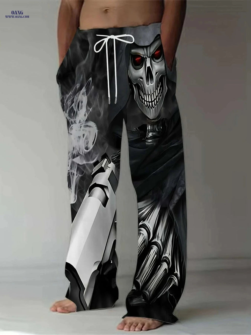 Men's Gothic Loose Fit Pants - Skull & Robot Print, Casual Summer Wear   OAXG 