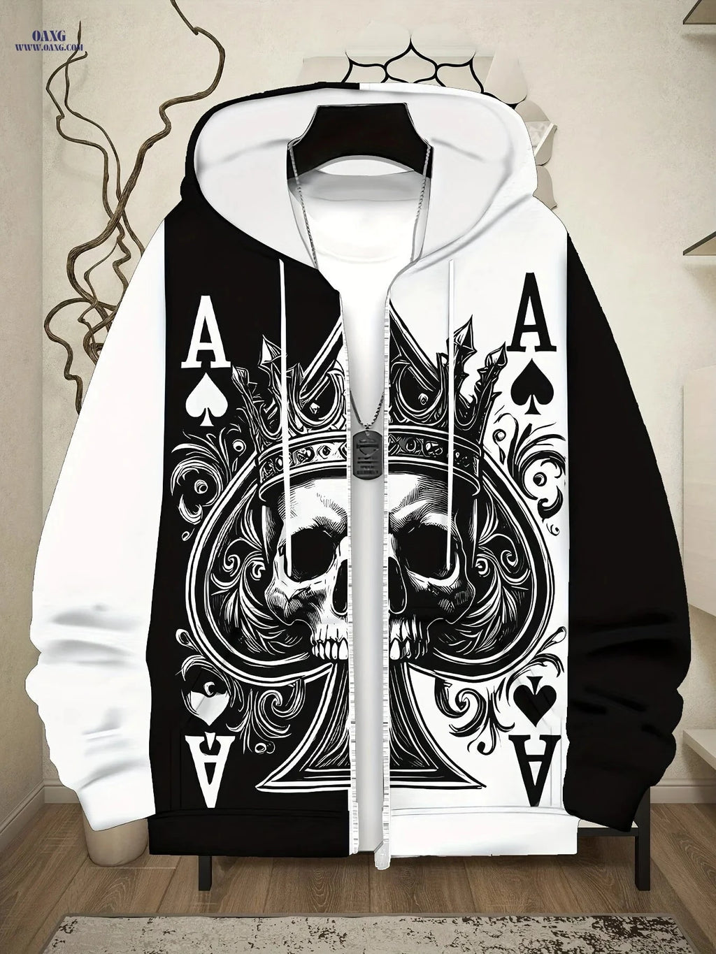 Men's Gothic Skull Hoodie - Ace of Spades Print, Zip-Up Design   OAXG 