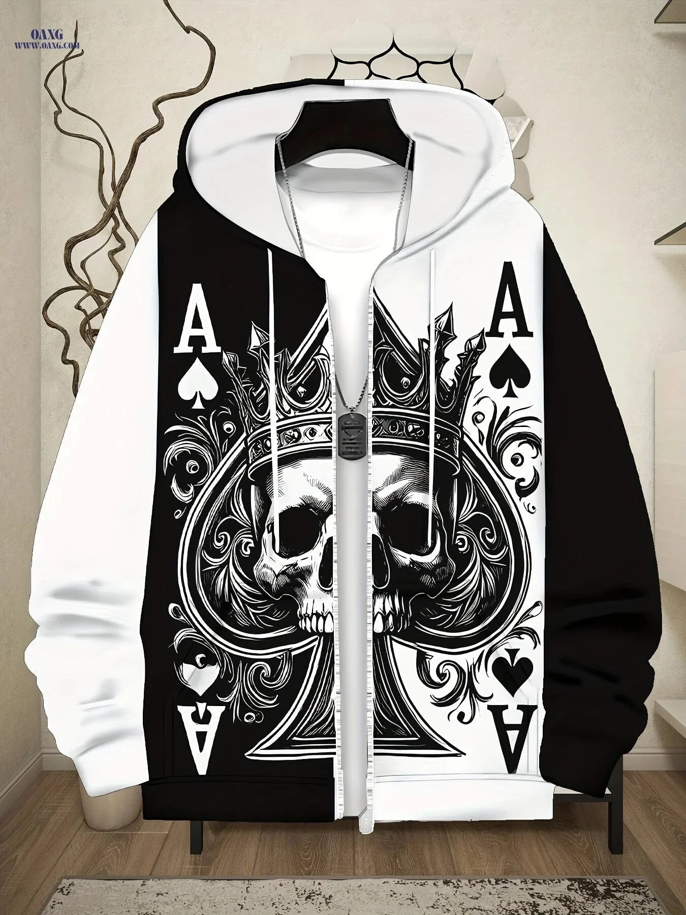 Men's Gothic Skull Hoodie - Ace of Spades Print, Zip-Up Design   OAXG 