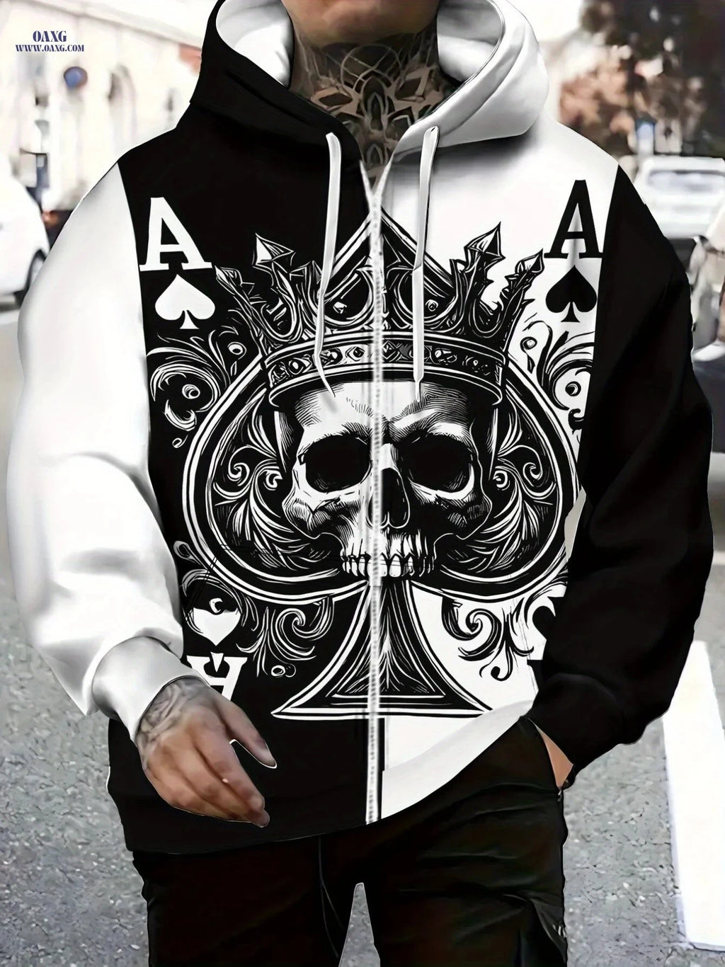 Men's Gothic Skull Hoodie - Ace of Spades Print, Zip-Up Design   OAXG 