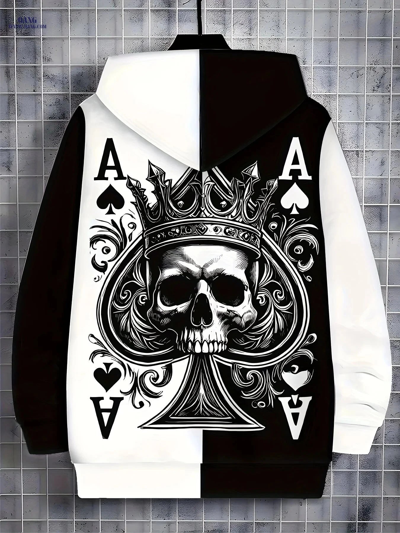 Men's Gothic Skull Hoodie - Ace of Spades Print, Zip-Up Design   OAXG 【Multicolor】 / FR M