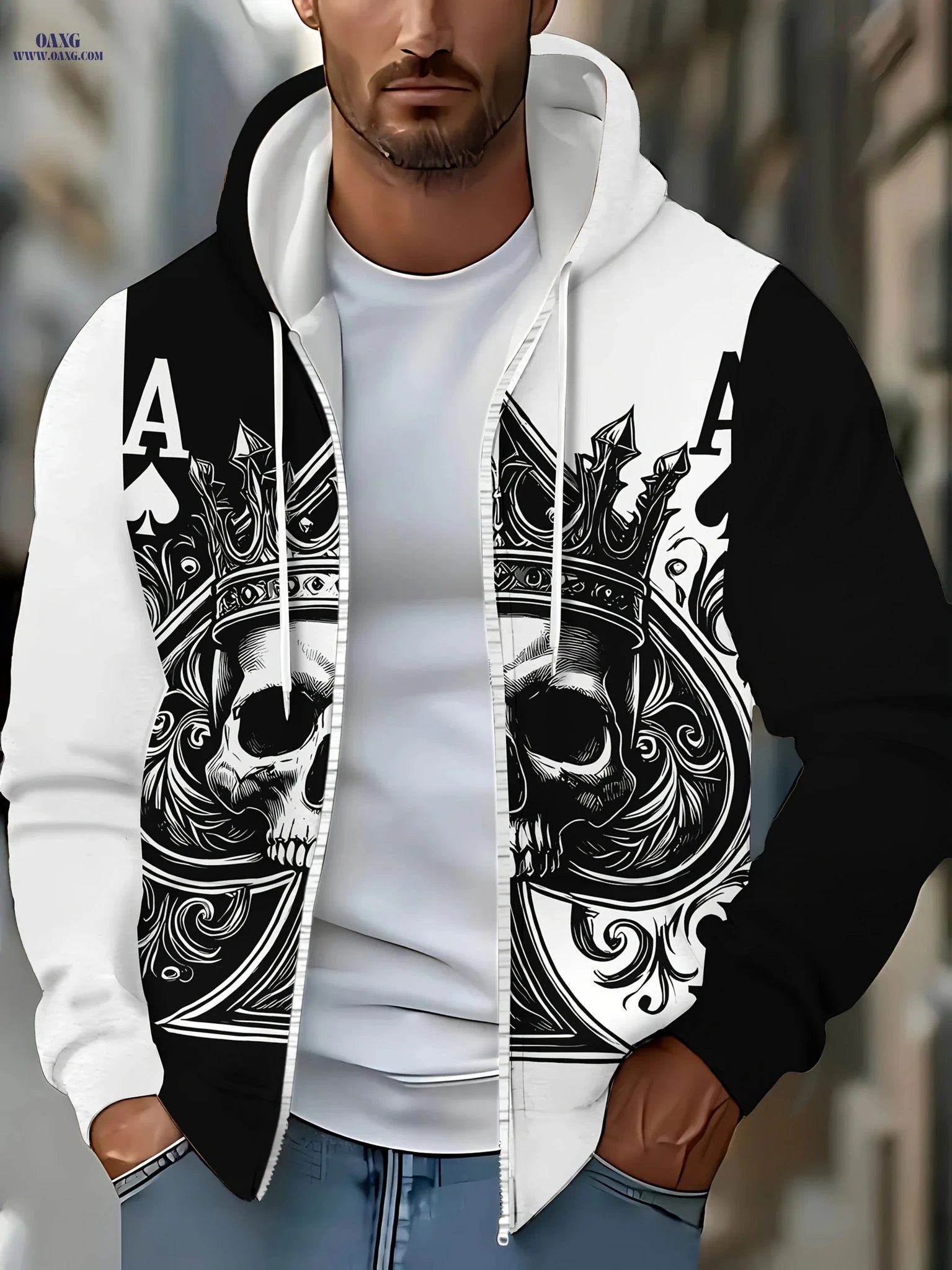 Men's Gothic Skull Hoodie - Ace of Spades Print, Zip-Up Design   OAXG 【Multicolor】 / FR M
