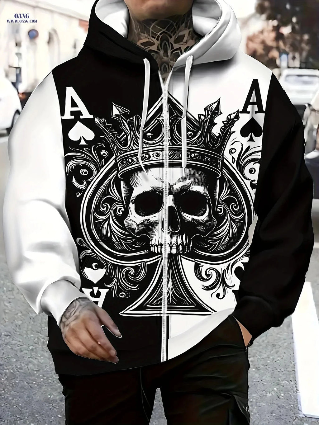 Men's Gothic Skull Hoodie - Ace of Spades Print, Zip-Up Design   OAXG 【Multicolor】 / FR M
