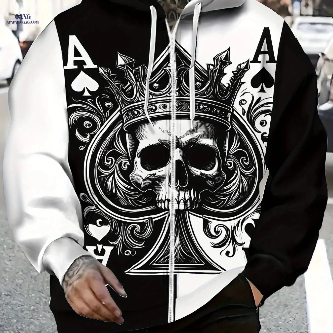Men's Gothic Skull Hoodie - Ace of Spades Print, Zip-Up Design   OAXG 