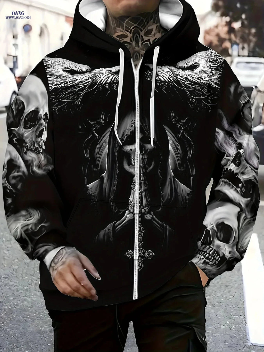 Men's Gothic Skull Hoodie - Long Sleeve, Casual Fall Fashion   OAXG 