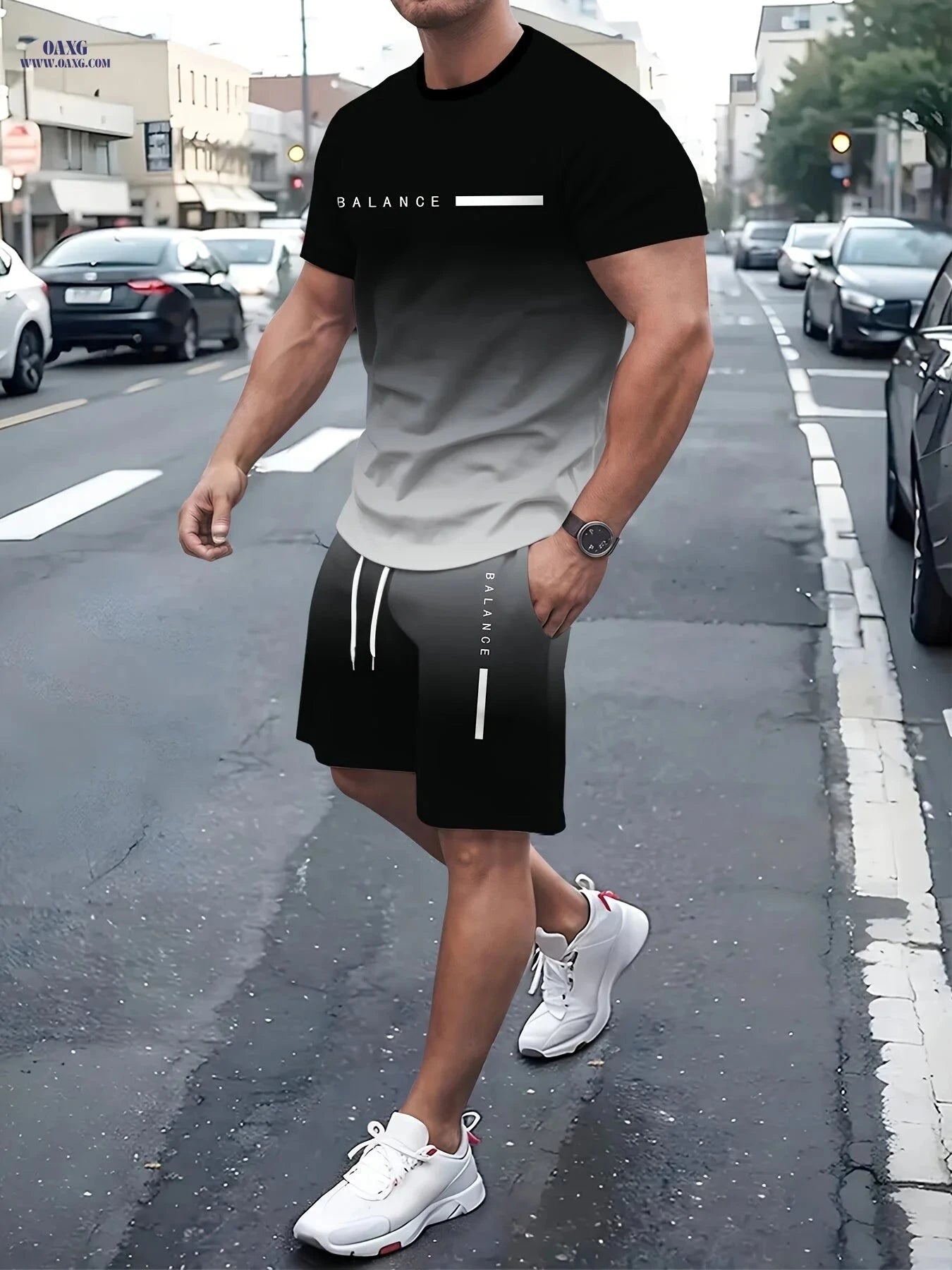 Men's Gradient 3D Printed Pullover T-Shirt & Beach Shorts Set   OAXG 