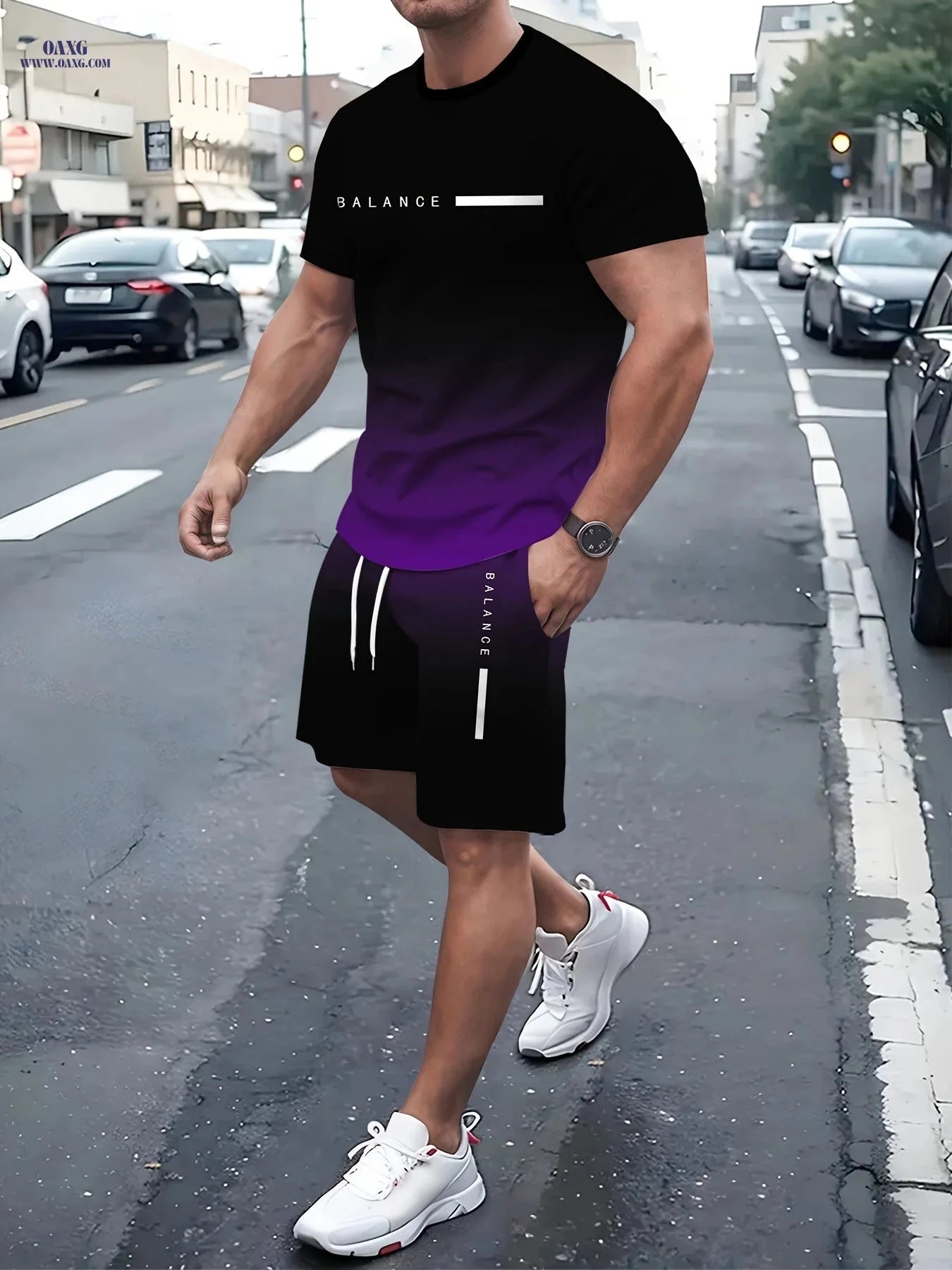 Men's Gradient 3D Printed Pullover T-Shirt & Beach Shorts Set   OAXG 