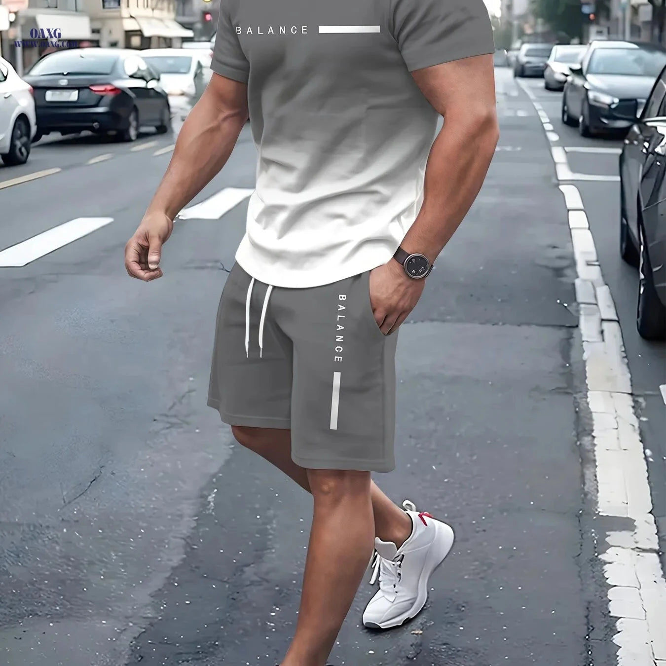 Men's Gradient 3D Printed Pullover T-Shirt & Beach Shorts Set   OAXG 