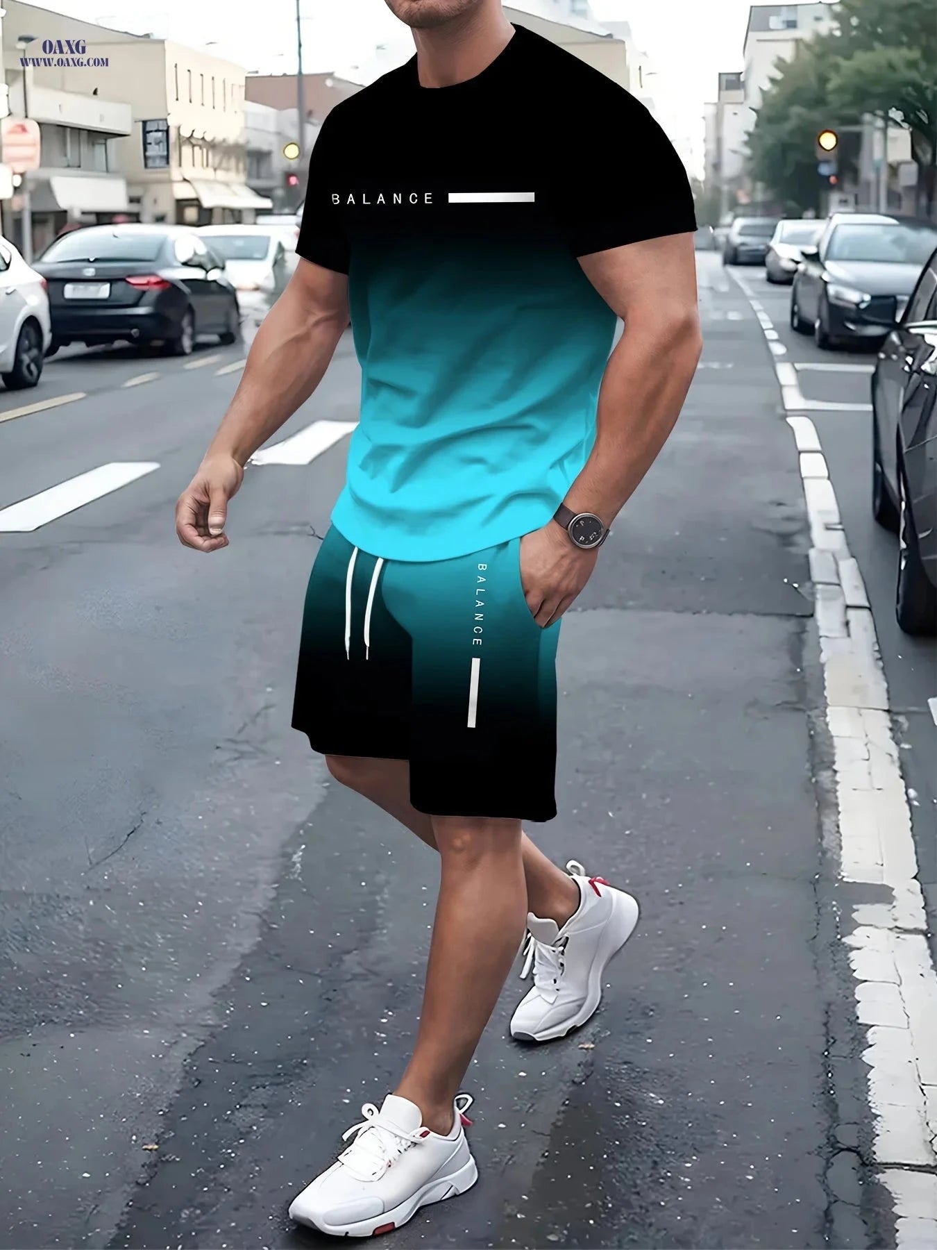 Men's Gradient 3D Printed Pullover T-Shirt & Beach Shorts Set   OAXG 