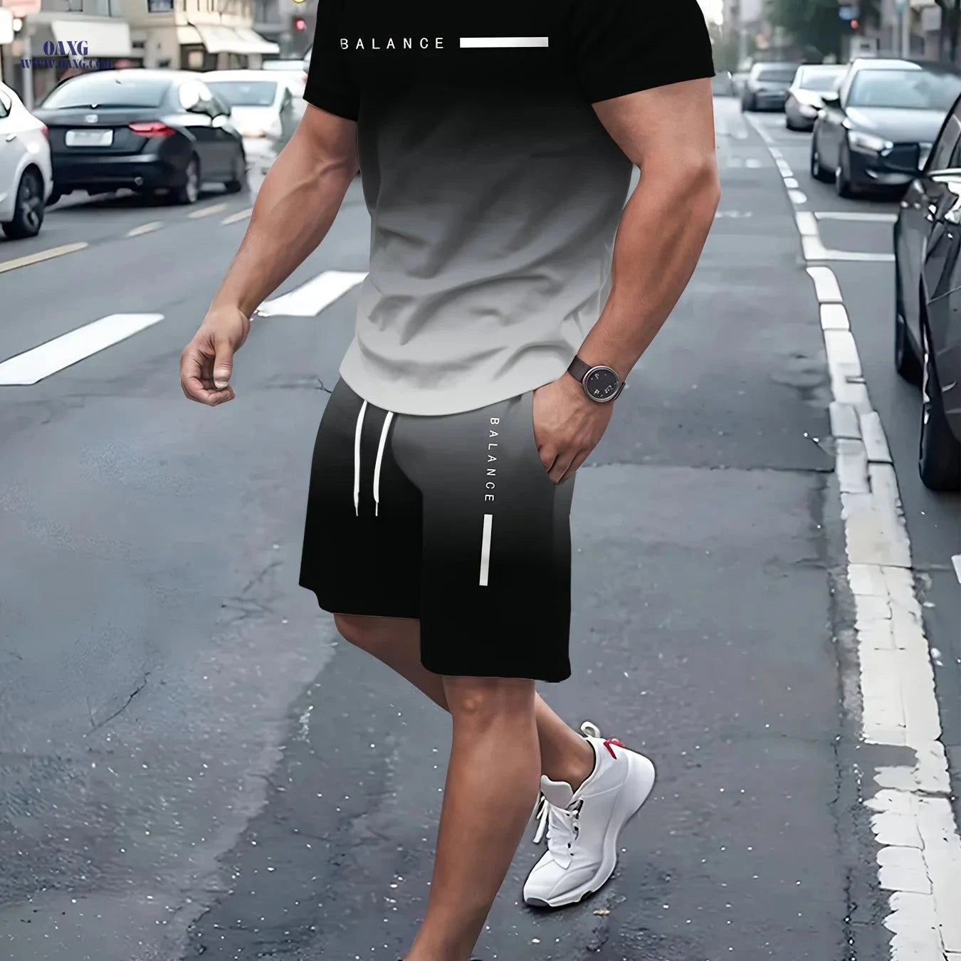 Men's Gradient 3D Printed Pullover T-Shirt & Beach Shorts Set   OAXG 