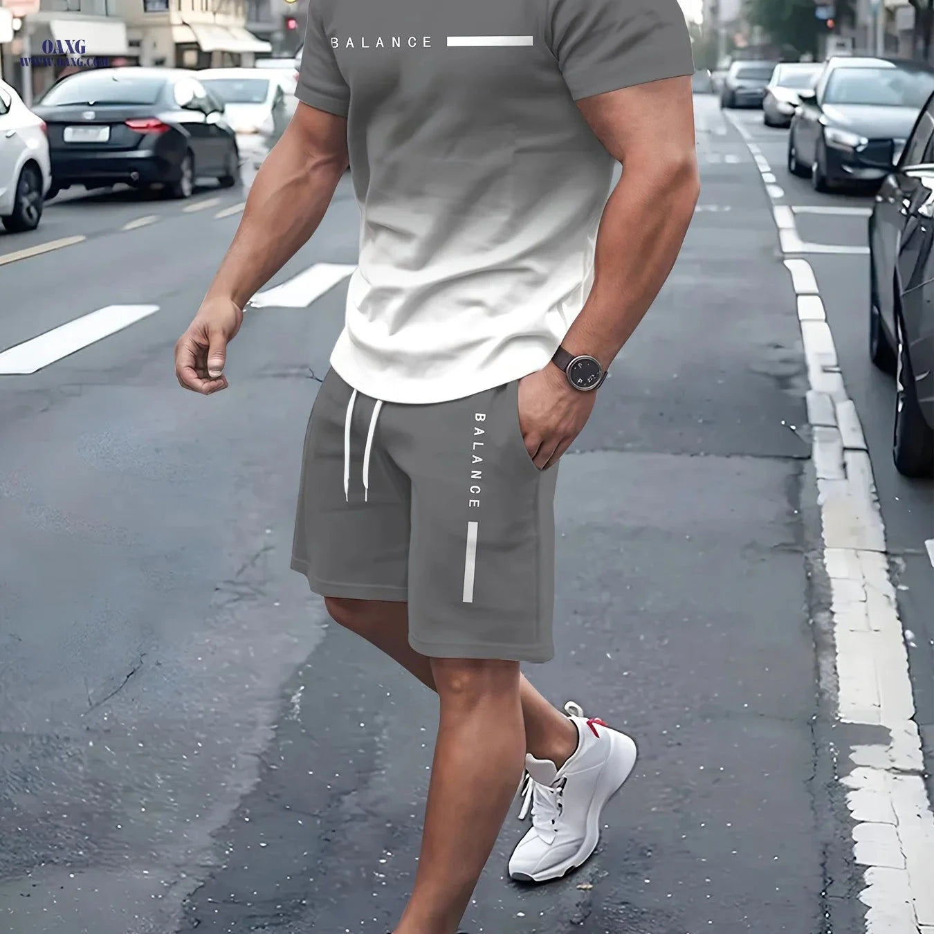 Men's Gradient 3D Printed Pullover T-Shirt & Beach Shorts Set   OAXG 