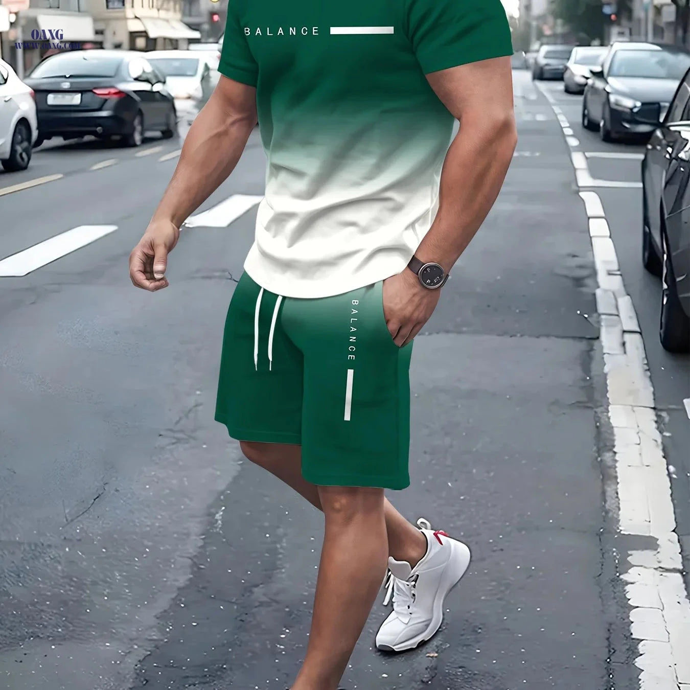 Men's Gradient 3D Printed Pullover T-Shirt & Beach Shorts Set   OAXG TB E742 / FR S