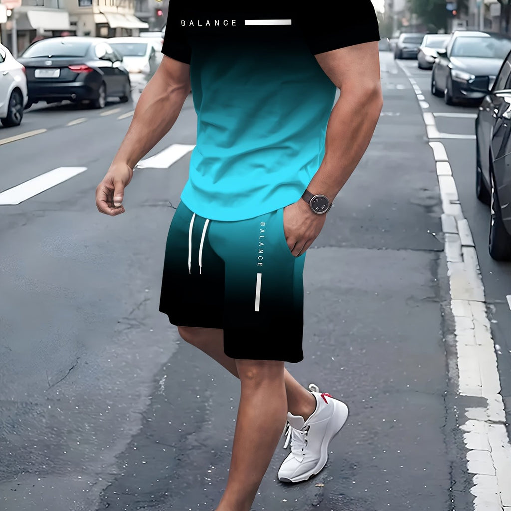 Men's Gradient 3D Printed Pullover T-Shirt & Beach Shorts Set   OAXG 
