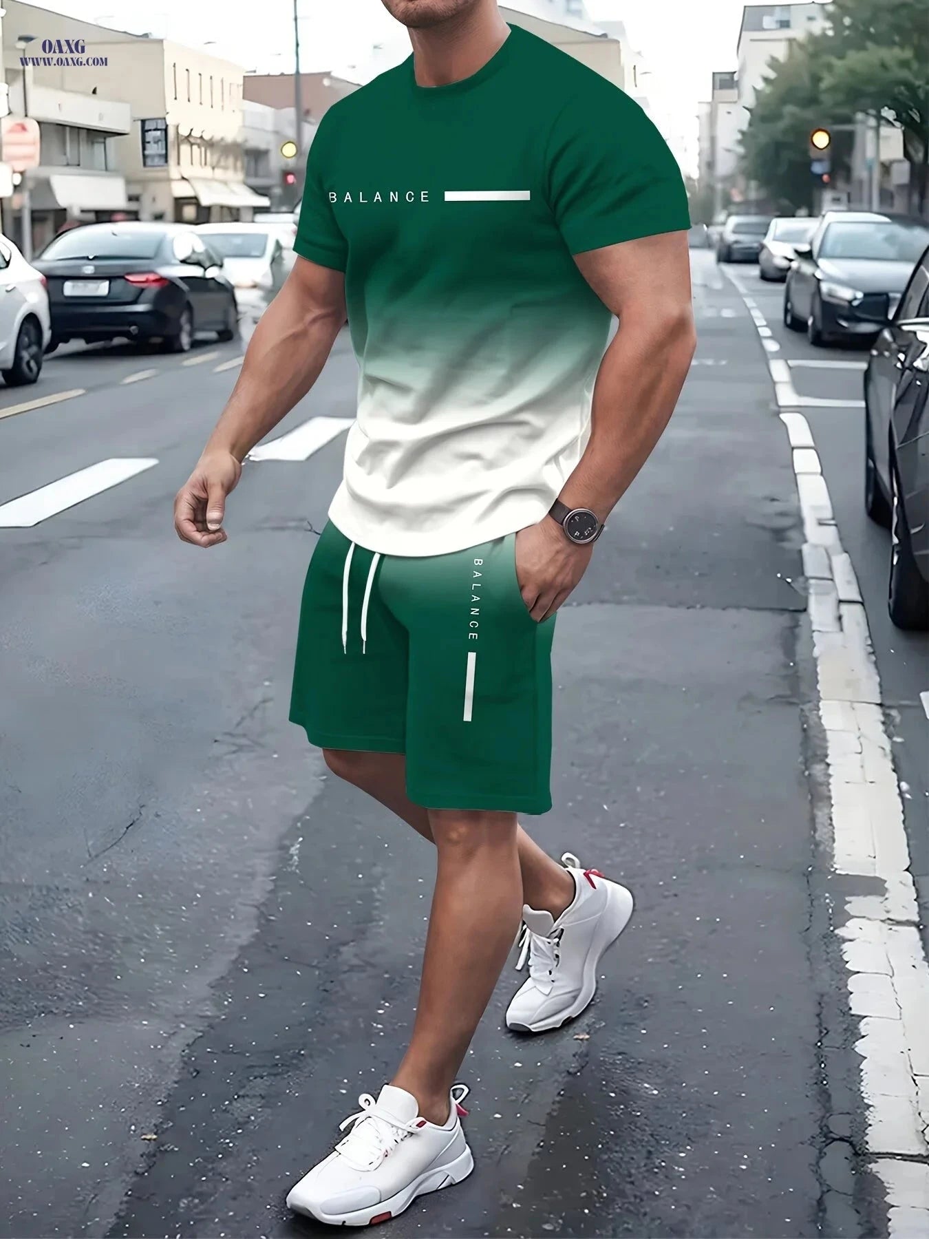 Men's Gradient 3D Printed Pullover T-Shirt & Beach Shorts Set   OAXG 