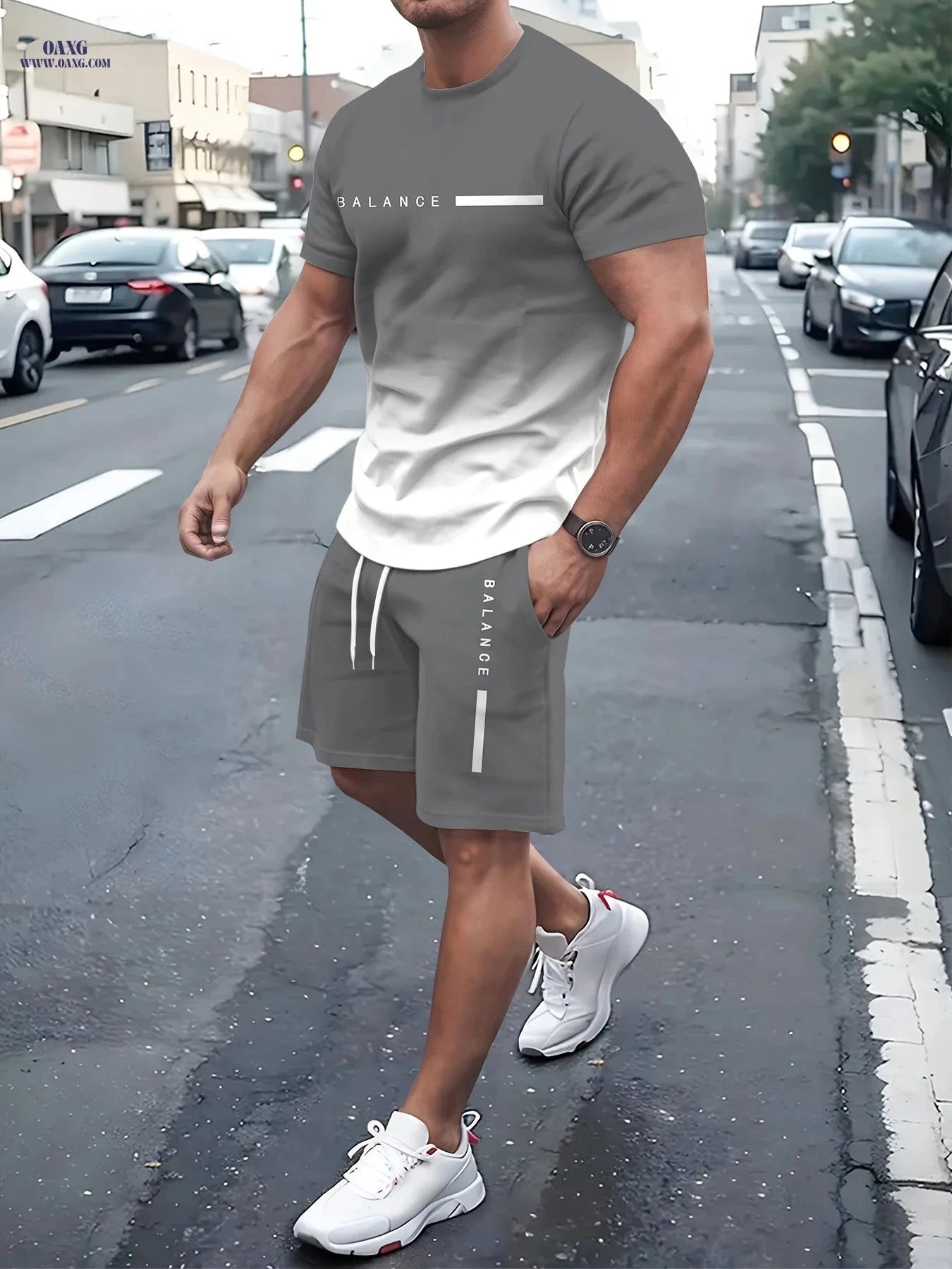 Men's Gradient 3D Printed Pullover T-Shirt & Beach Shorts Set   OAXG 