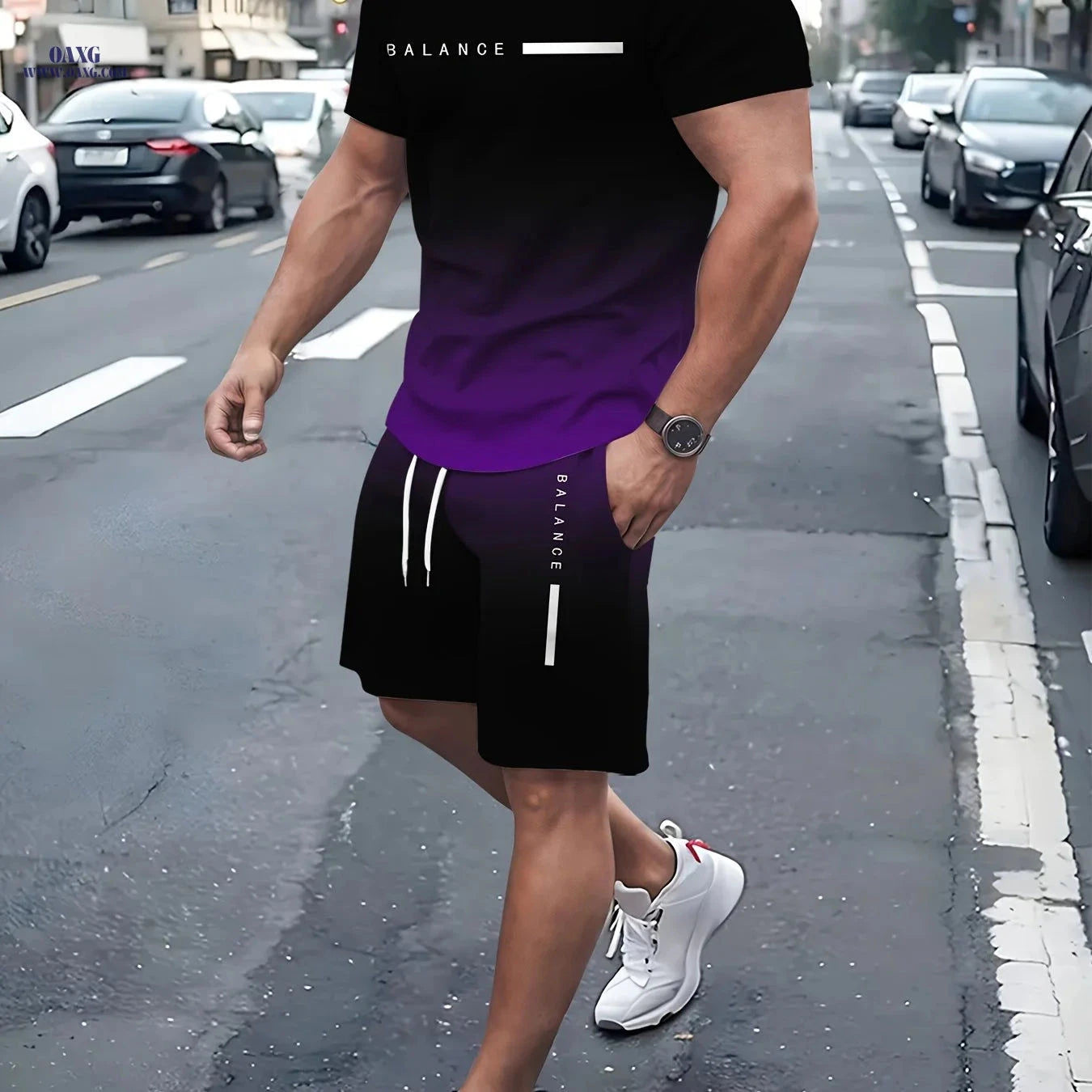 Men's Gradient 3D Printed Pullover T-Shirt & Beach Shorts Set   OAXG 