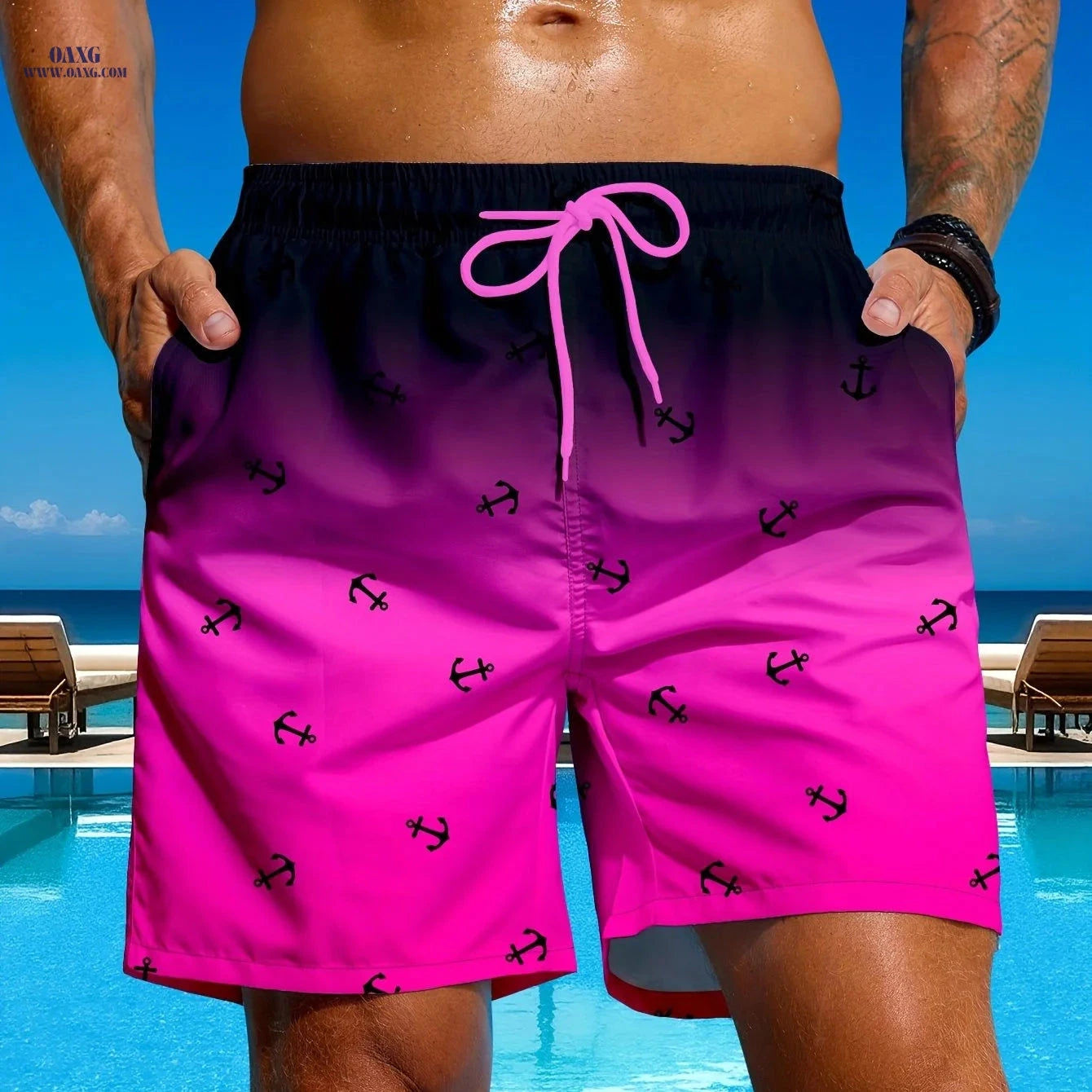 Men's Gradient Anchor Print Swim Trunks - Perfect for Beach Days   OAXG 