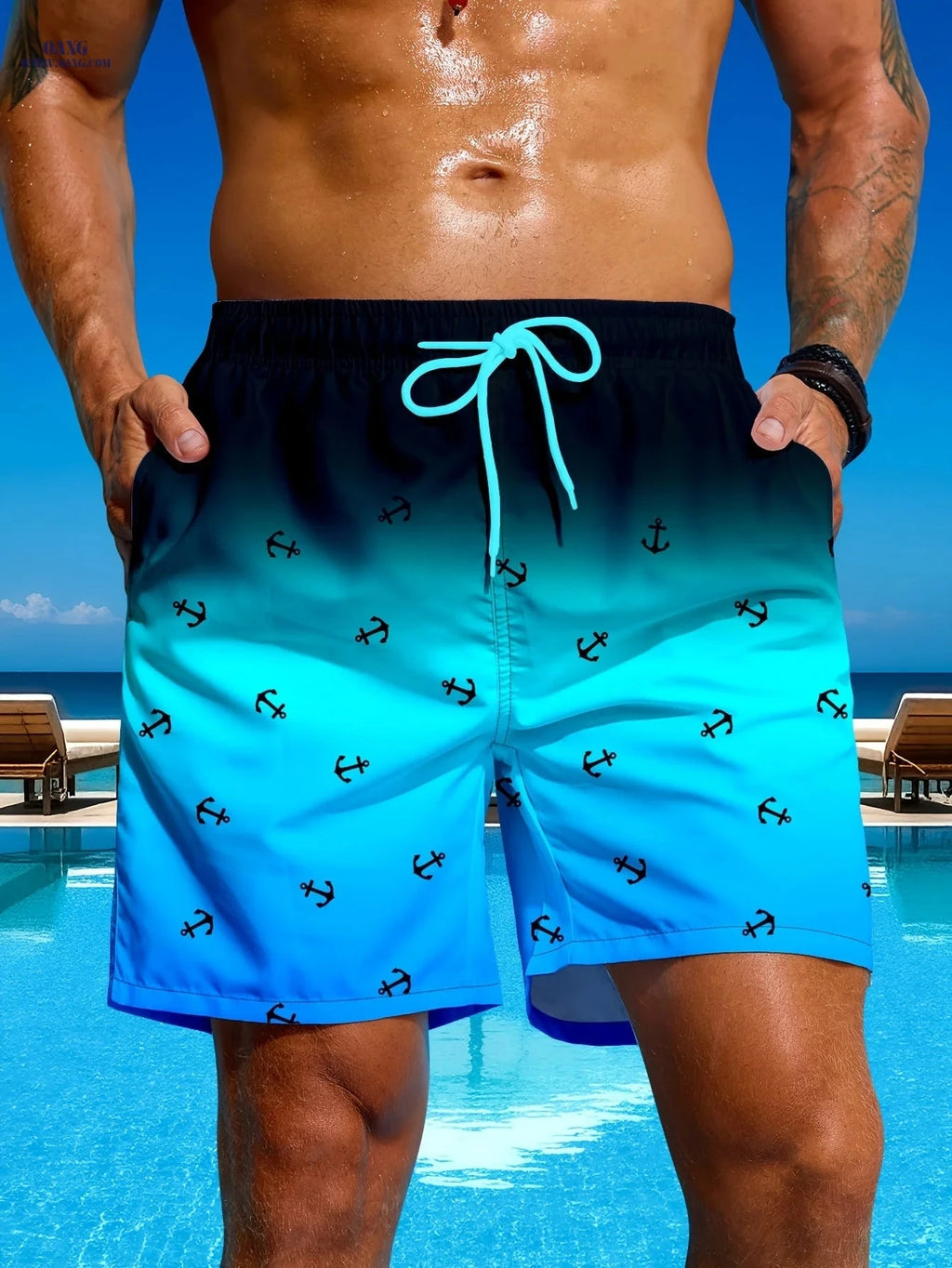 Men's Gradient Anchor Print Swim Trunks - Perfect for Beach Days   OAXG 
