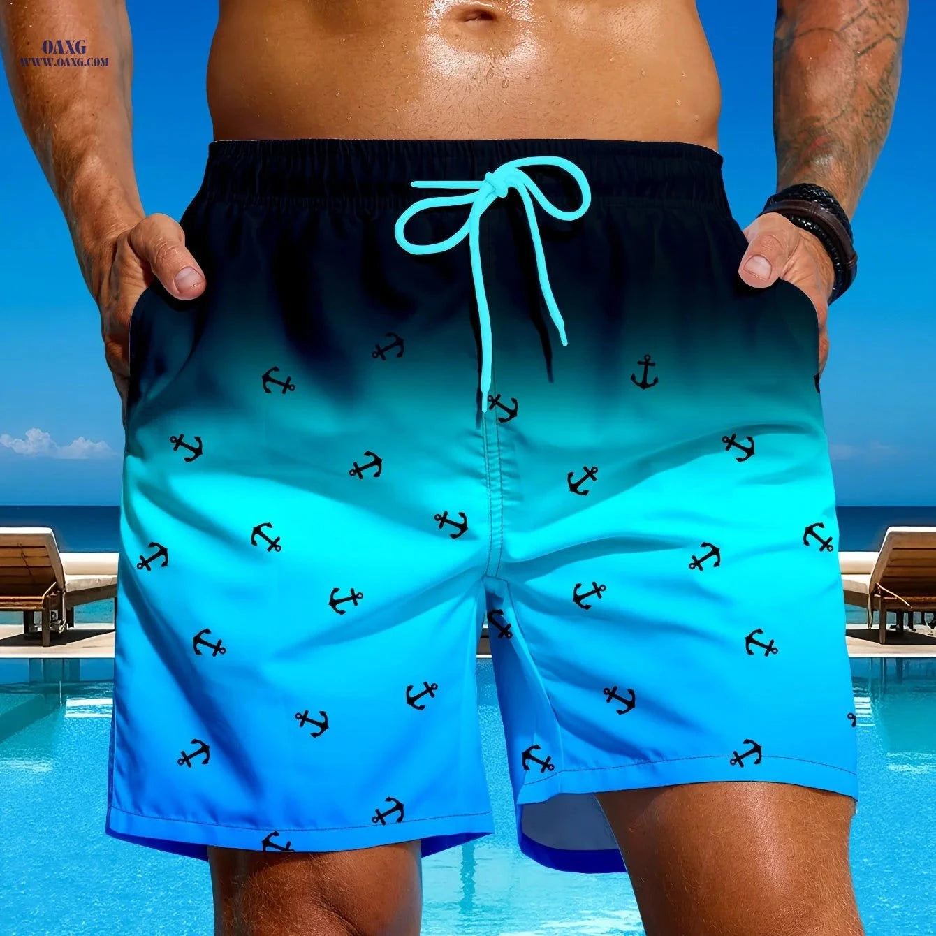 Men's Gradient Anchor Print Swim Trunks - Perfect for Beach Days   OAXG 
