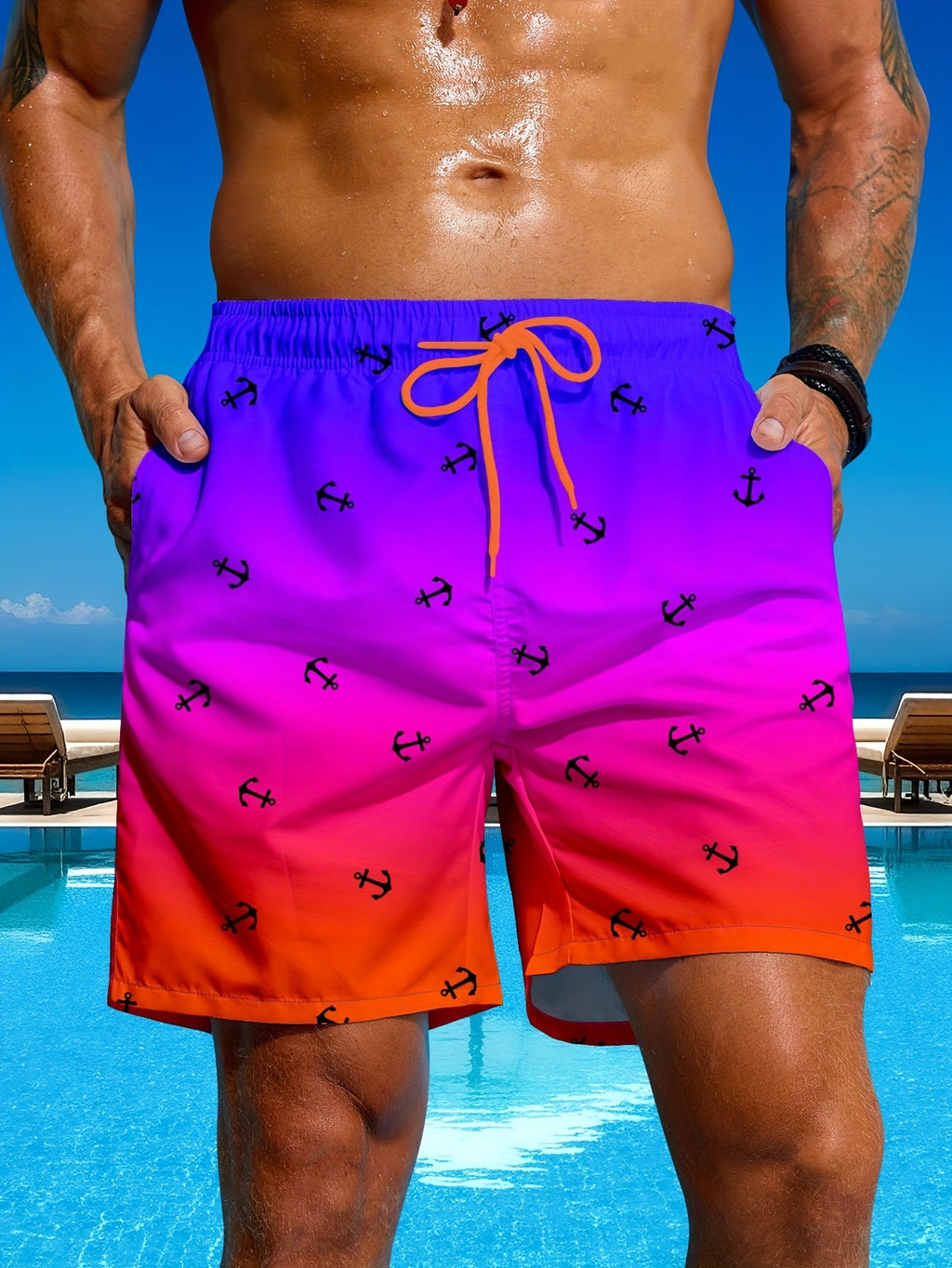 Men's Gradient Anchor Print Swim Trunks - Perfect for Beach Days   OAXG Blue / FR S