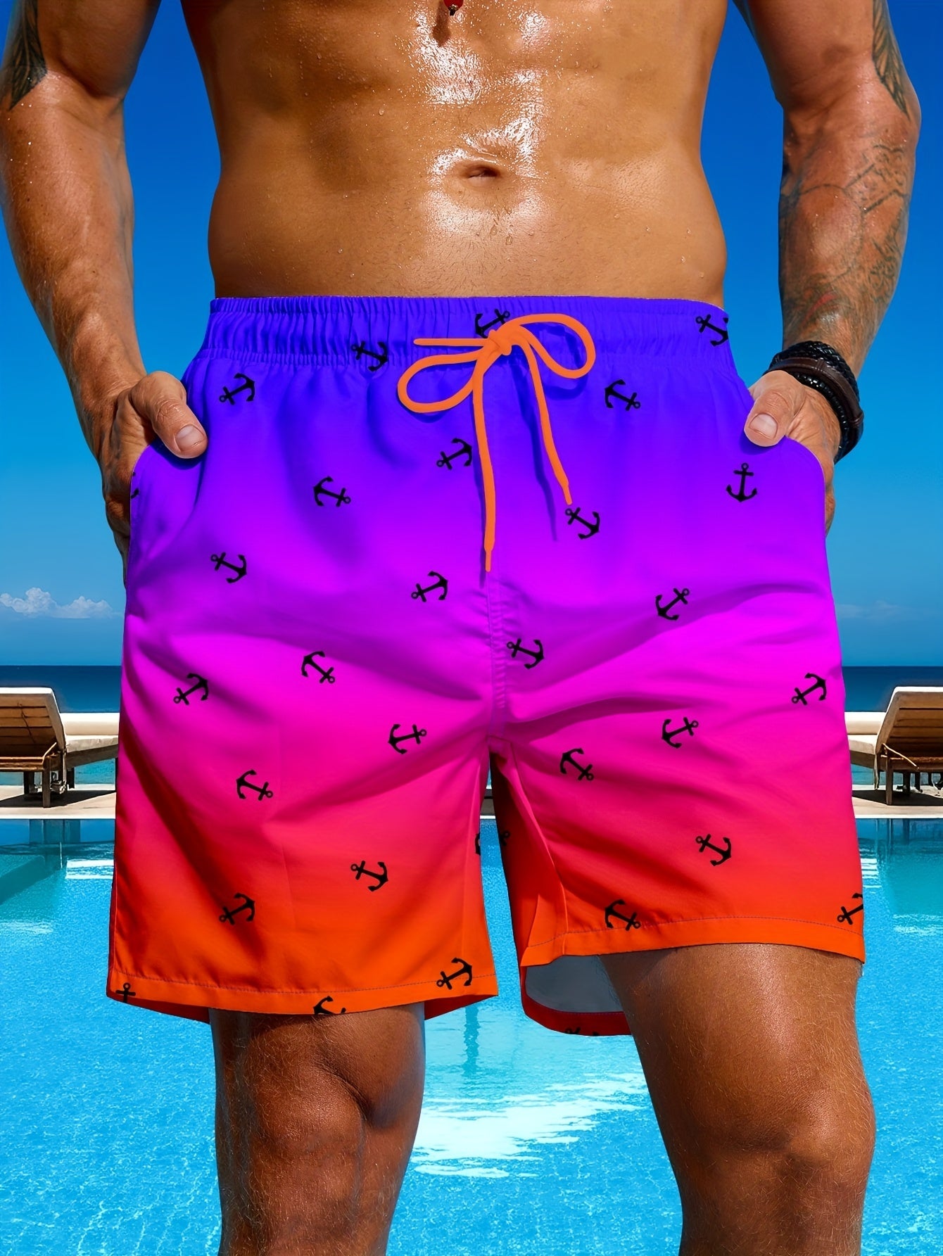 Men's Gradient Anchor Print Swim Trunks - Perfect for Beach Days   OAXG Blue / FR S