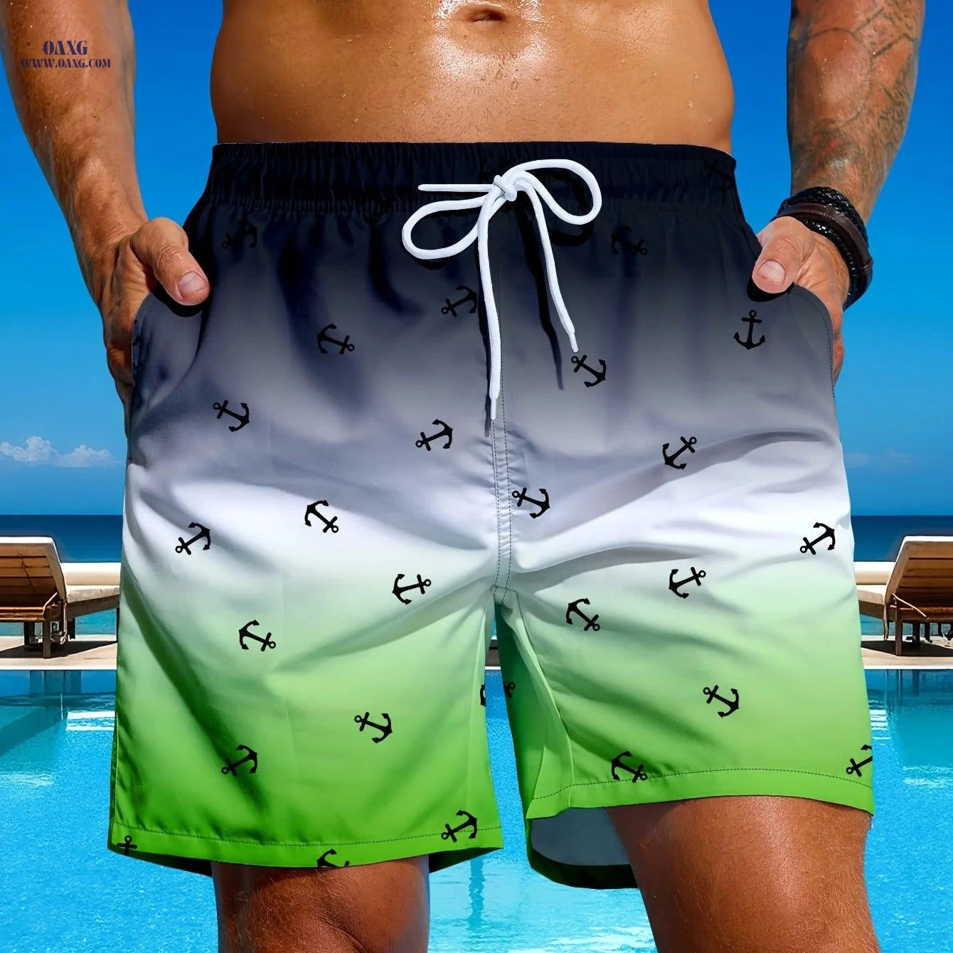 Men's Gradient Anchor Print Swim Trunks - Perfect for Beach Days   OAXG Blue / FR S