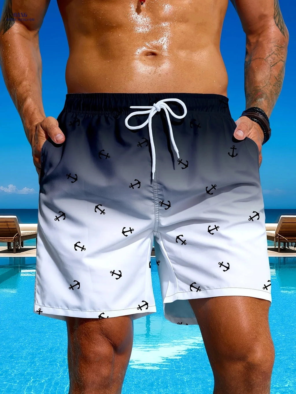Men's Gradient Anchor Print Swim Trunks - Perfect for Beach Days   OAXG Blue / FR S