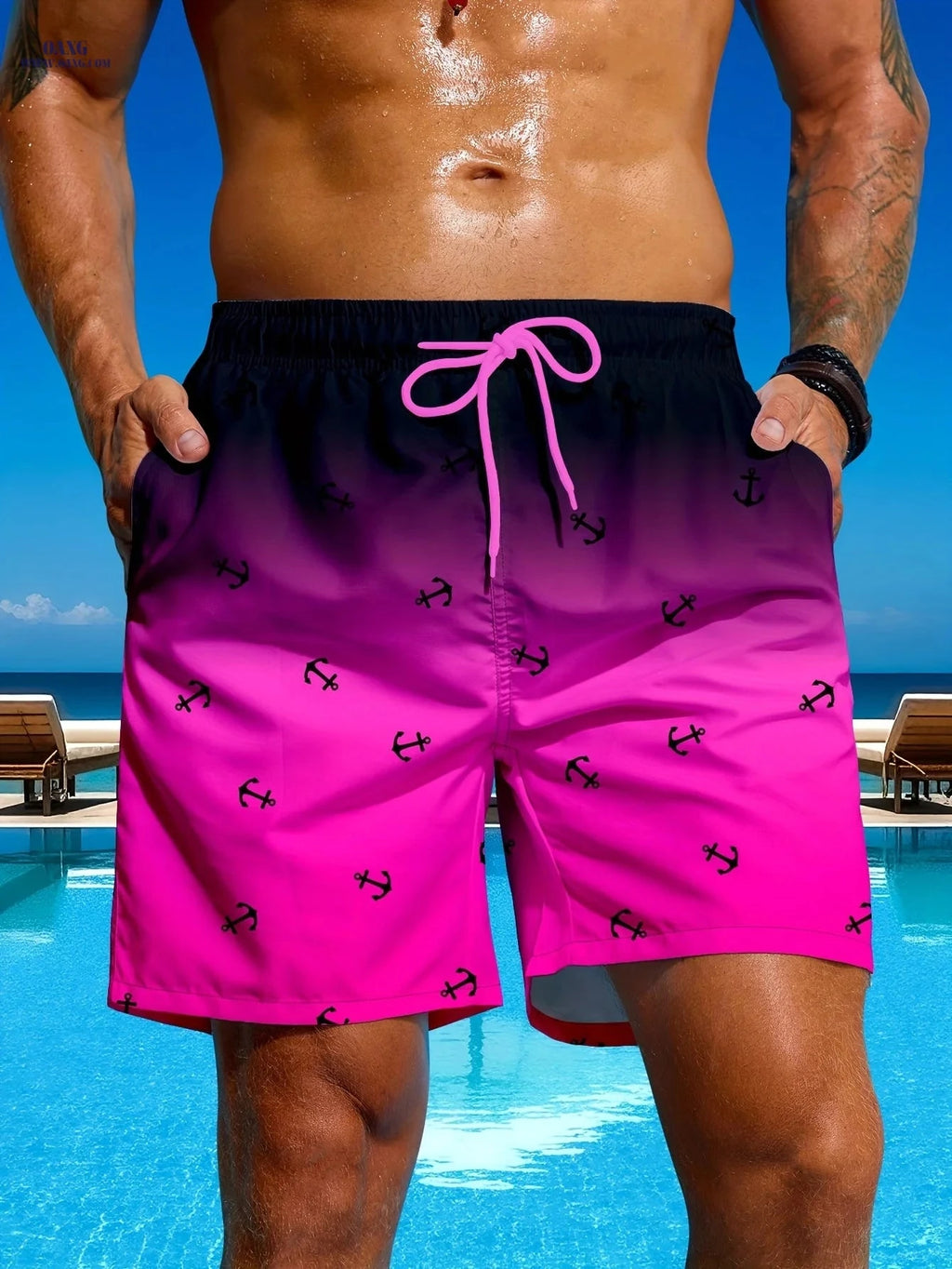 Men's Gradient Anchor Print Swim Trunks - Perfect for Beach Days   OAXG 