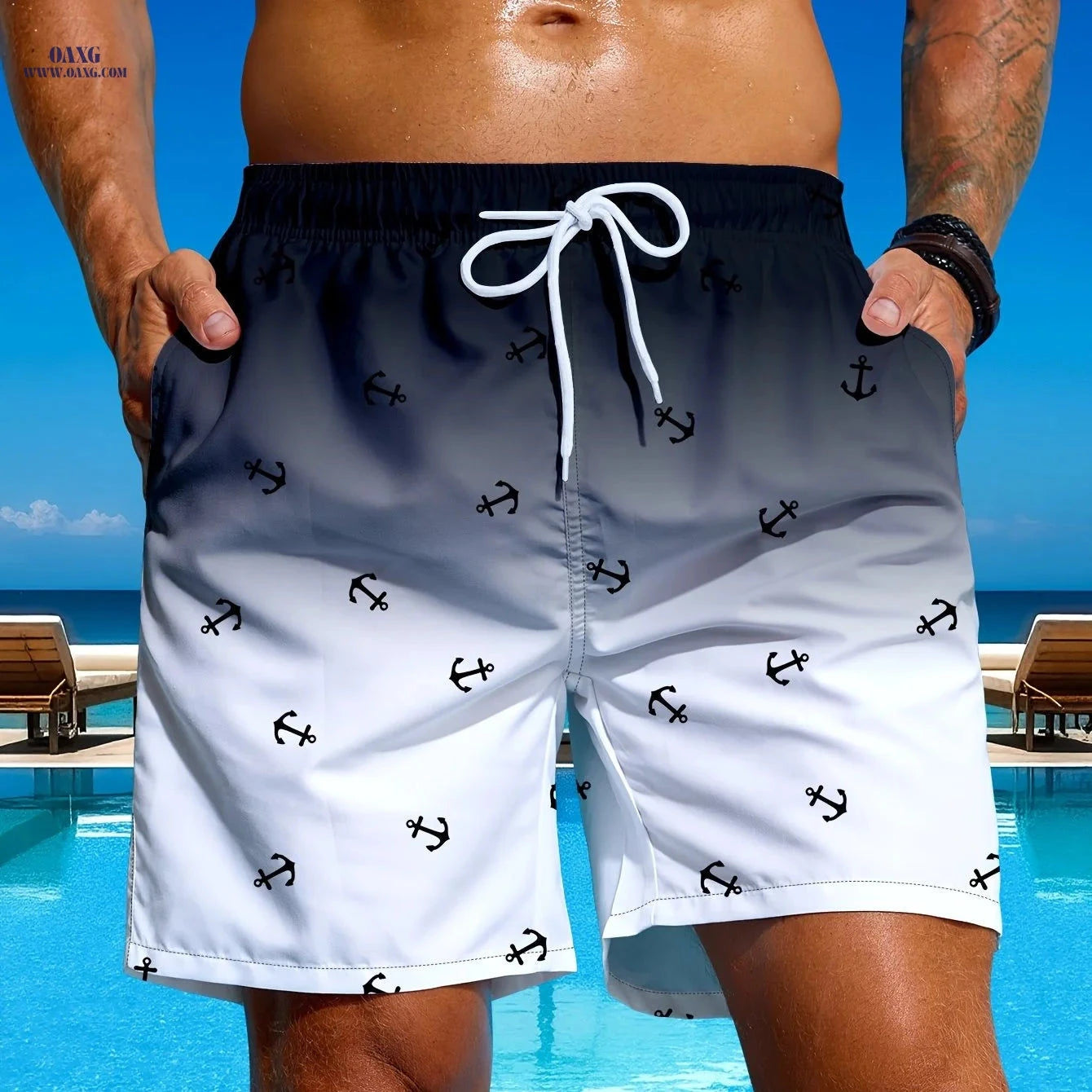 Men's Gradient Anchor Print Swim Trunks - Perfect for Beach Days   OAXG 