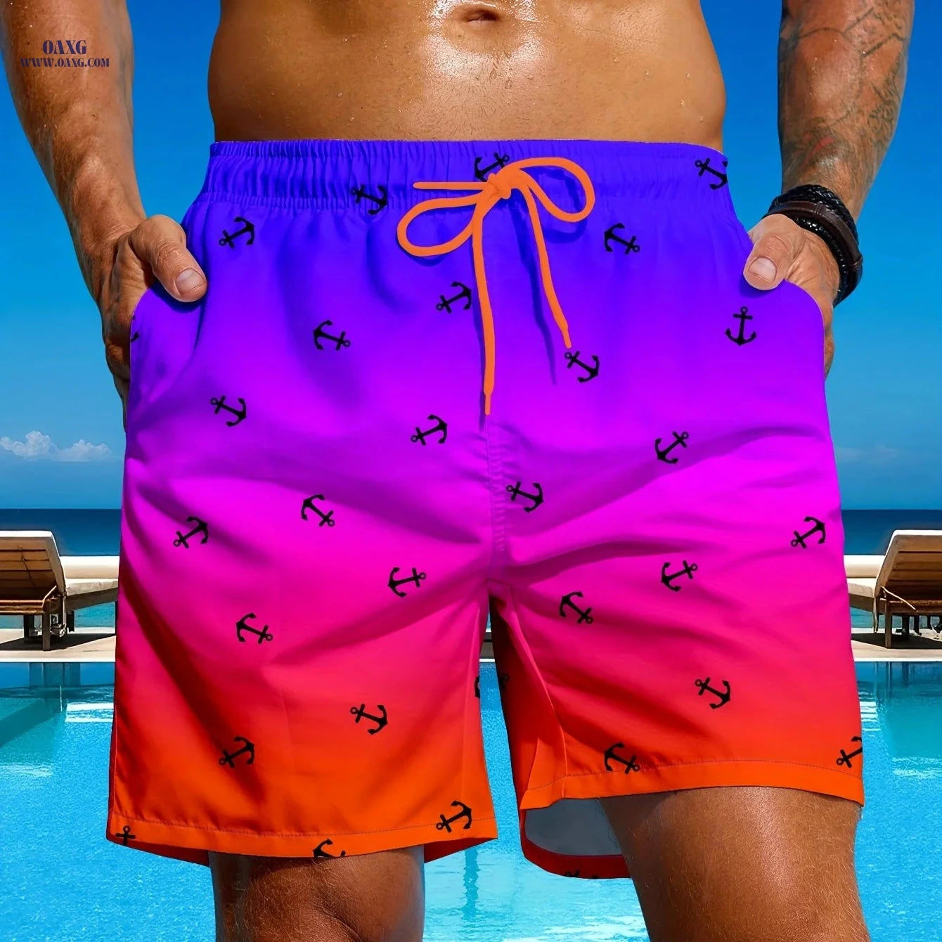 Men's Gradient Anchor Print Swim Trunks - Perfect for Beach Days   OAXG 
