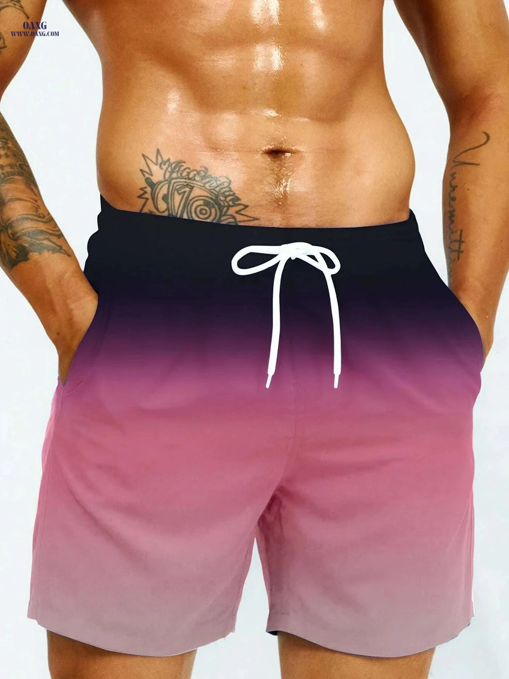 Men's Gradient Casual Beach Shorts - Lightweight, Ombre Design, Relaxed Fit   OAXG 【Red】 / S