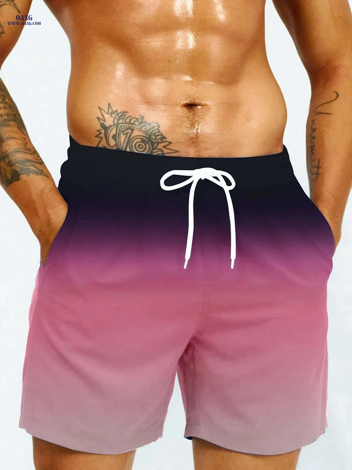 Men's Gradient Casual Beach Shorts - Lightweight, Ombre Design, Relaxed Fit   OAXG 【Red】 / S