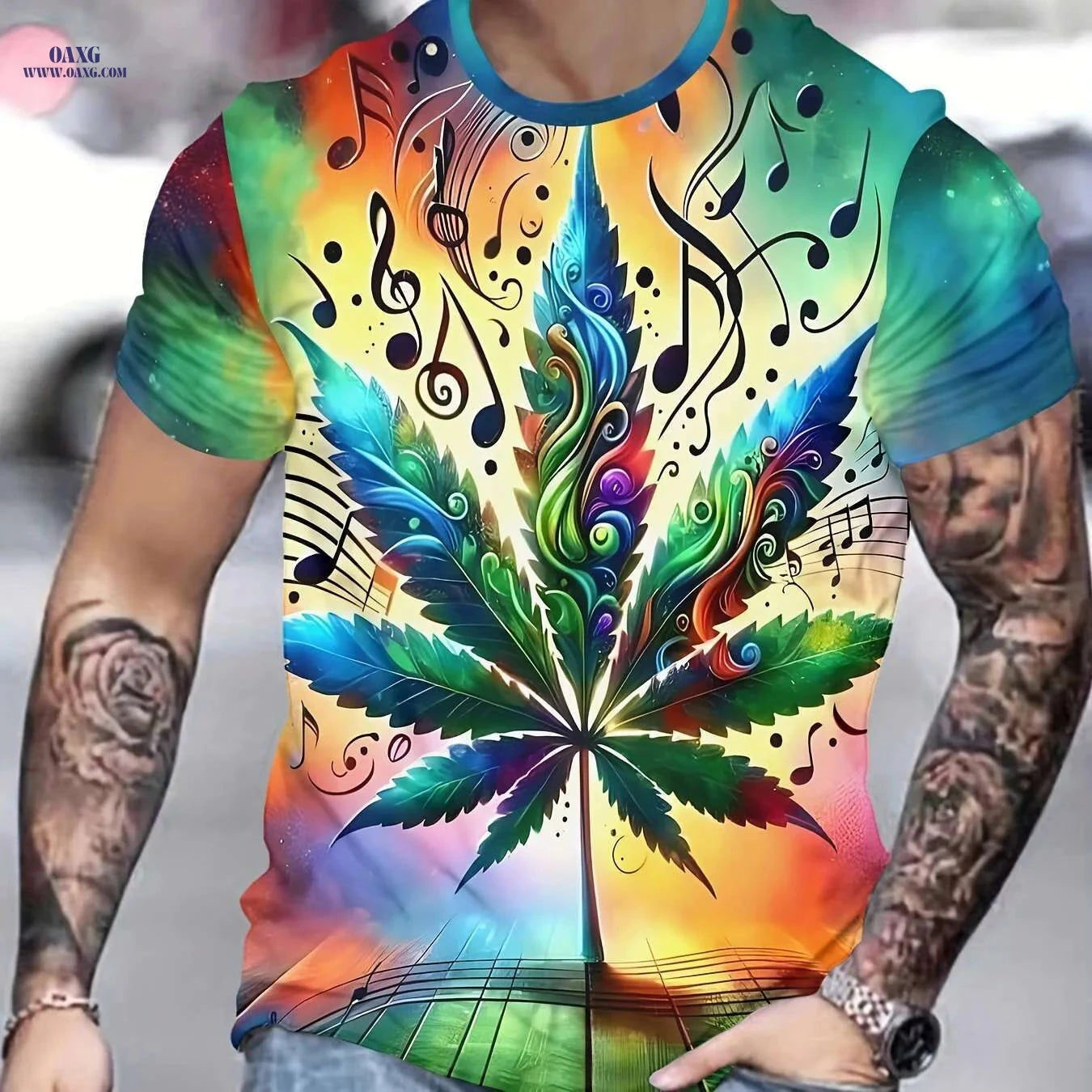 Men's Graphic T-Shirt - Leaf & Music Notes Print, Lightweight Casual Wear   OAXG 
